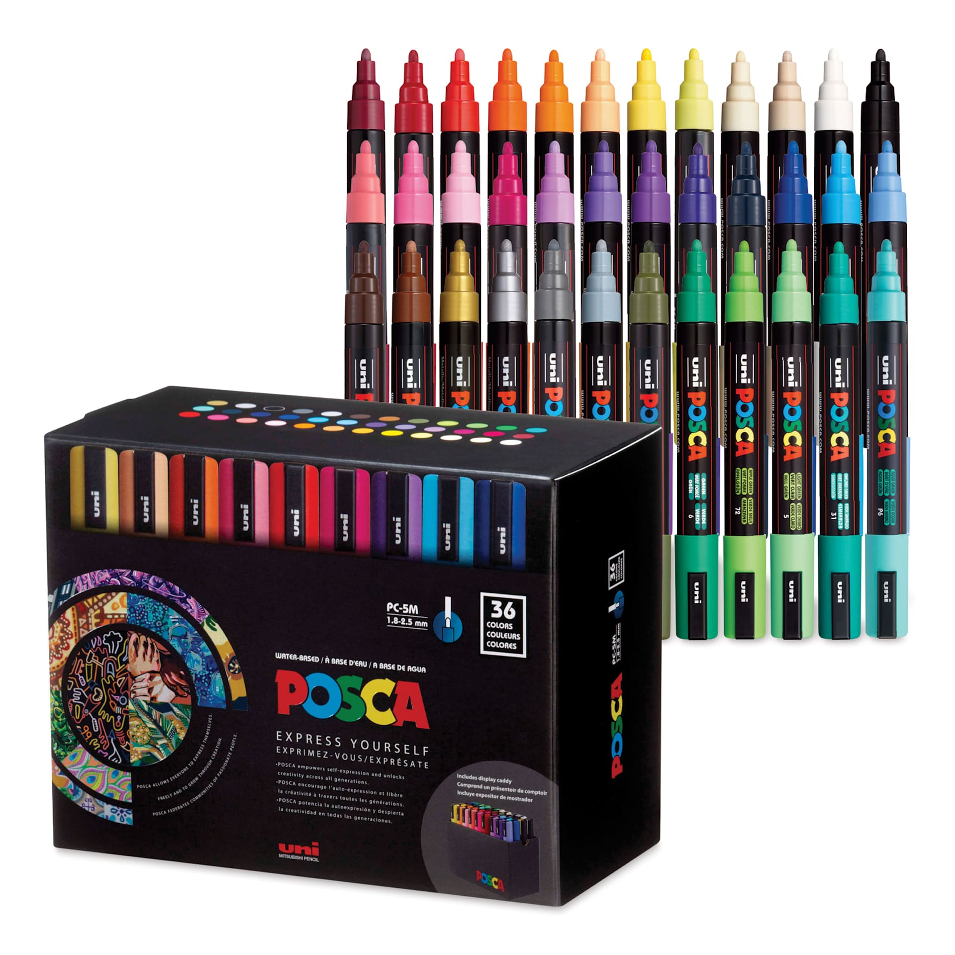 Posca Paint Markers - Set of 36, Assorted Colors, Medium Bullet Tip, 2.5 mm, packaging and contents