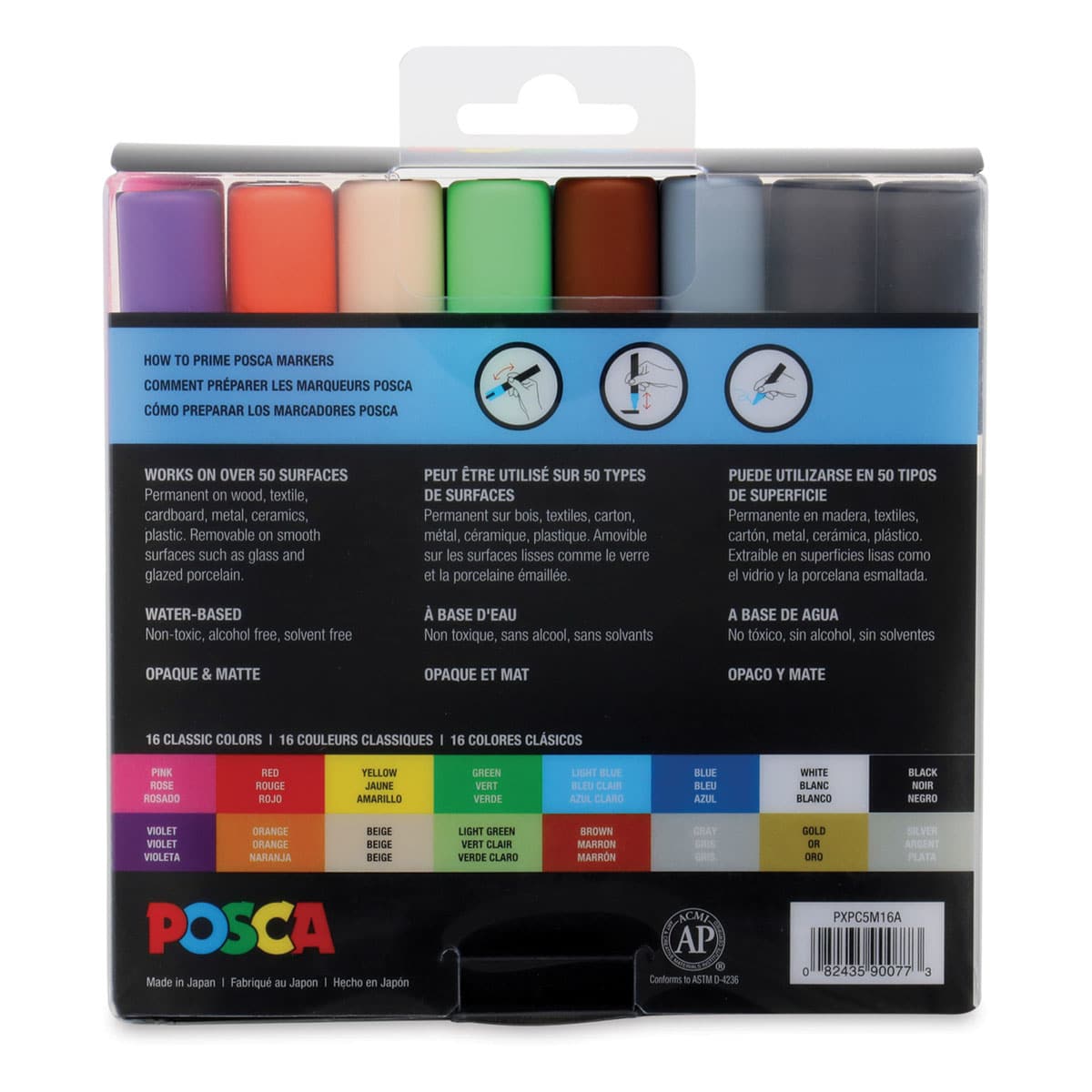 Uni Posca Paint Markers - Assorted Colors, Set of 16, Medium Tip, 2.5 mm - back of packaging Uni Posca Paint Markers - Assorted Colors, Set of 16, Medium Tip, 2.5 mm - back of packaging