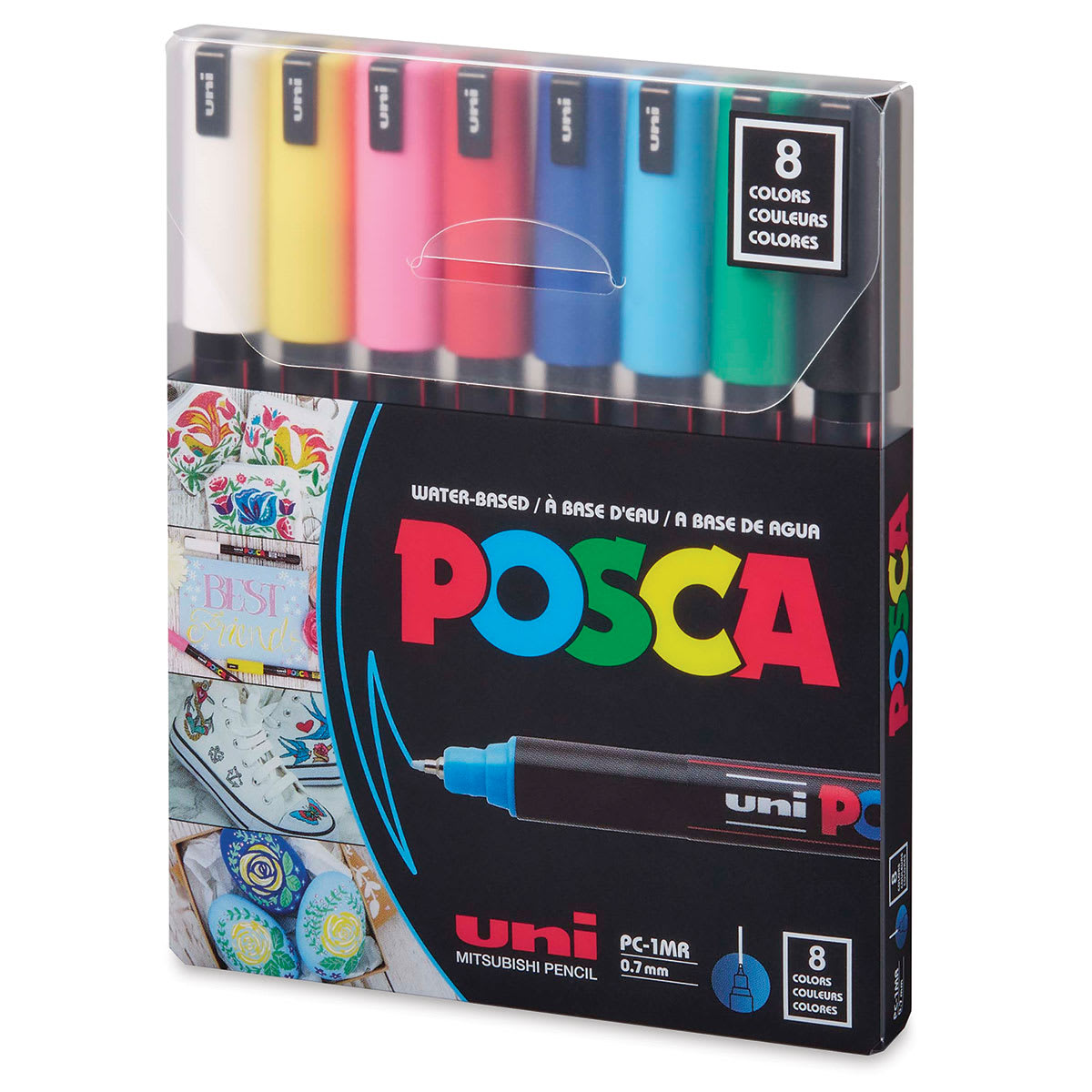 Posca Paint Markers - Set of 8, Assorted Colors, X Fine Tip, 0.7 mm, front of packaging