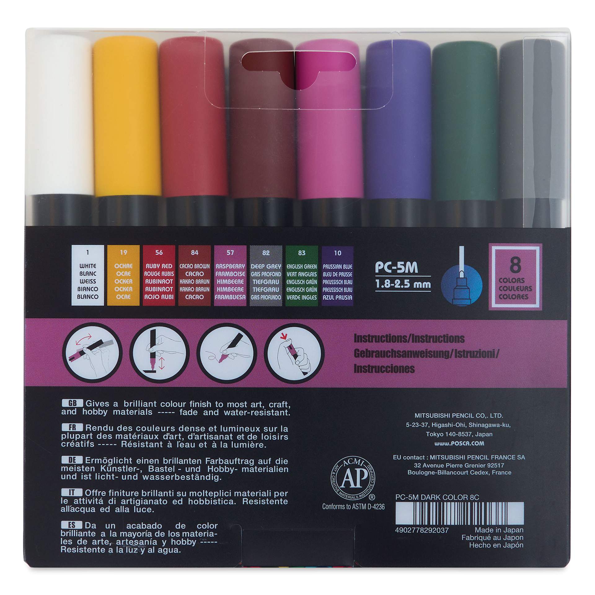 Posca Paint Markers - Dark Colors, Set of 8, Medium Tip, 2.5 mm - back of packaging