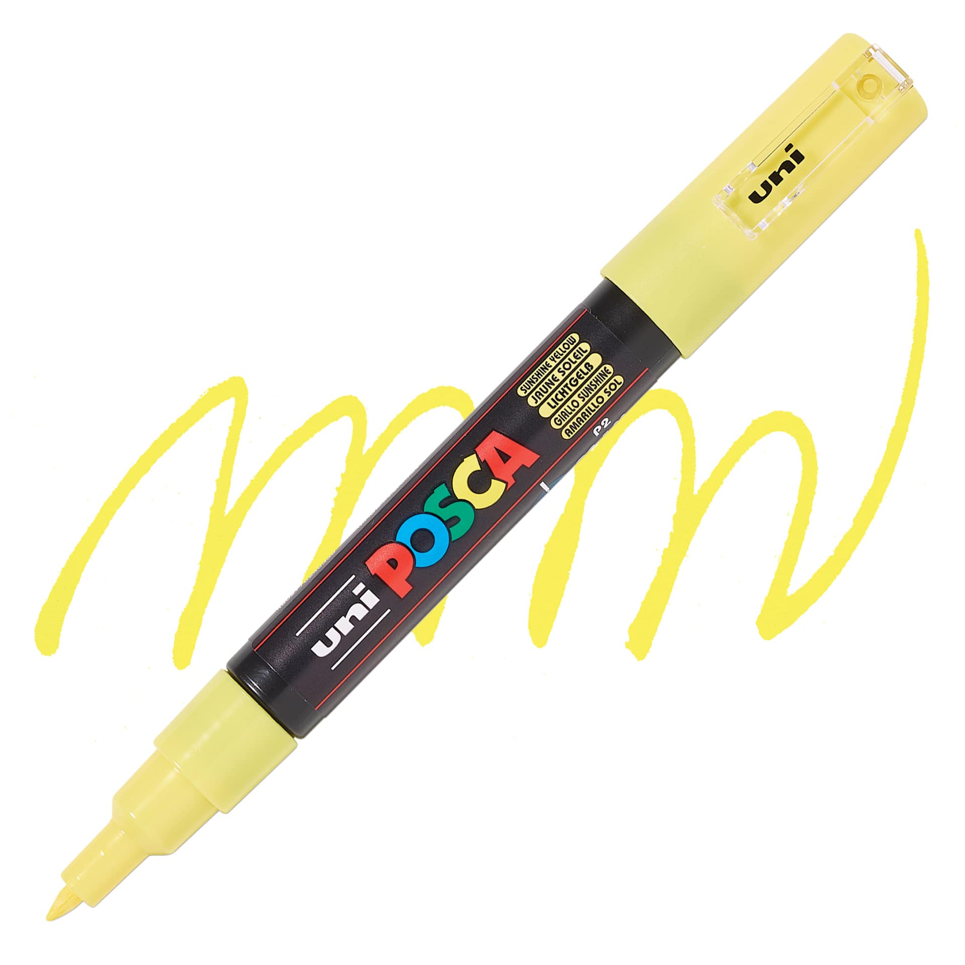 Uni Posca Paint Marker - Sunshine Yellow, X-Fine, Bullet Tip, 0.7 mm, swatch and marker