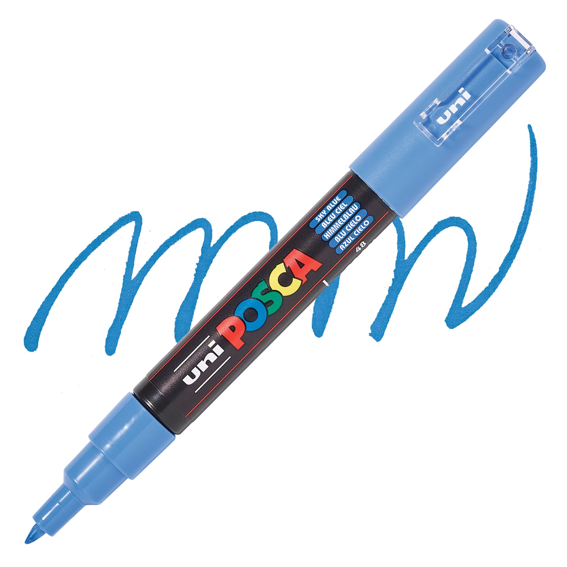 Uni Posca Paint Marker - Sky Blue, X-Fine, Bullet Tip, 0.7 mm, swatch and marker
