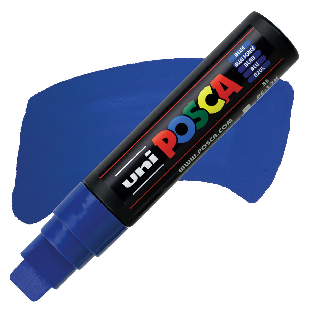 Posca Paint Marker - Blue, Extra Broad Chisel, 15 mm - marker and swatch