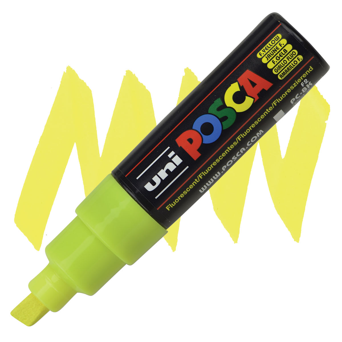 Posca Paint Marker - Fluorescent Yellow, Broad Chisel Tip, 8 mm - marker and swatch Posca Paint Marker - Fluorescent Yellow, Broad Chisel Tip, 8 mm - marker and swatch