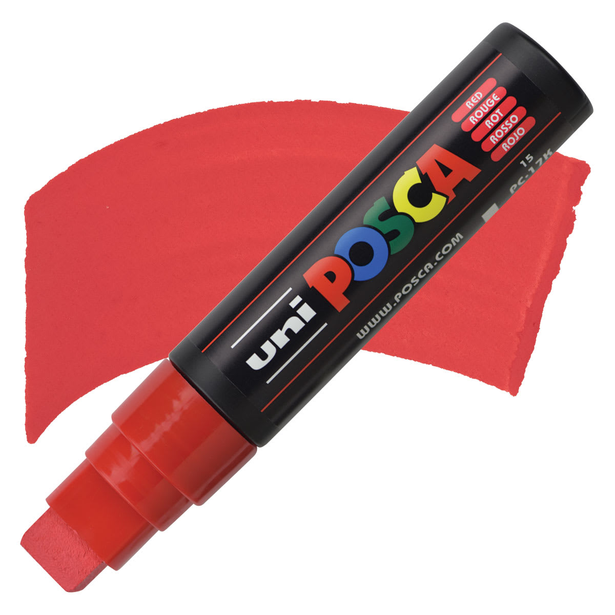 Posca Paint Marker - Red, Extra Broad Chisel, 15 mm - marker and swatch