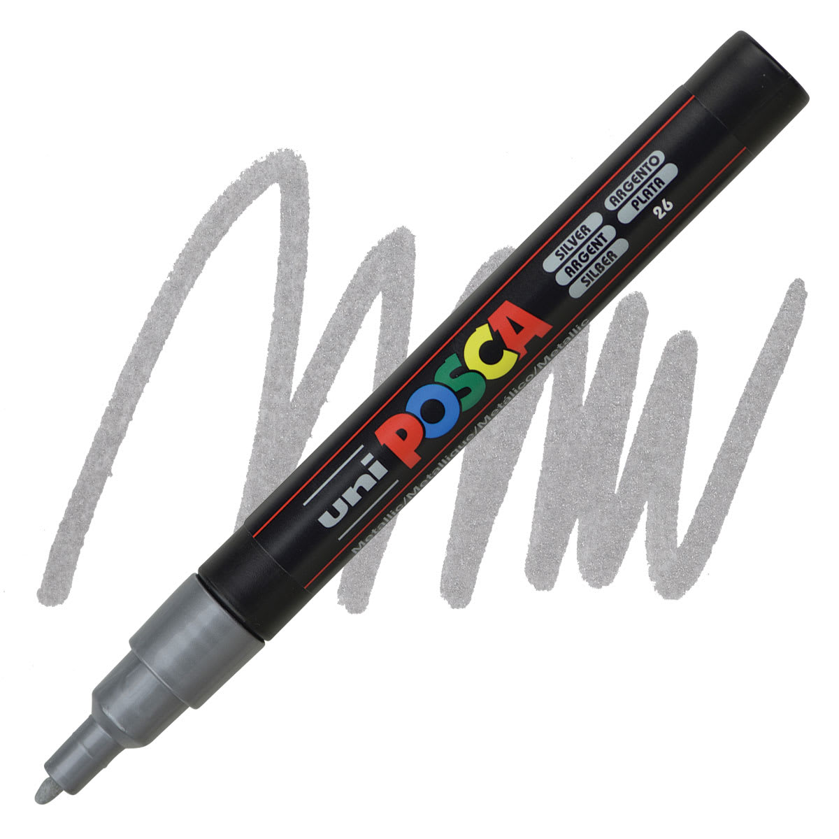 Uni Posca Paint Marker - Silver, Fine, Bullet Tip, 0.9mm-1.3mm marker and swatch