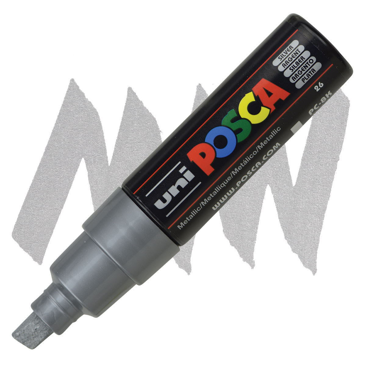 Uni Posca Paint Marker - Silver, Broad Chisel Tip, 8 mm marker and swatch Uni Posca Paint Marker - Silver, Broad Chisel Tip, 8 mm marker and swatch