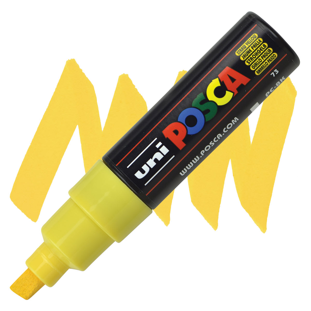 Uni Posca Paint Marker - Straw Yellow, Broad Chisel Tip, 8 mm marker and swatch