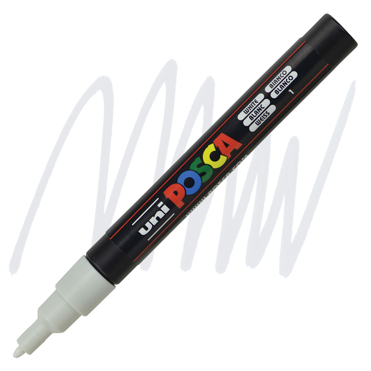 Uni Posca Paint Marker - White, Fine, Bullet Tip, 0.9mm-1.3mm marker and swatch