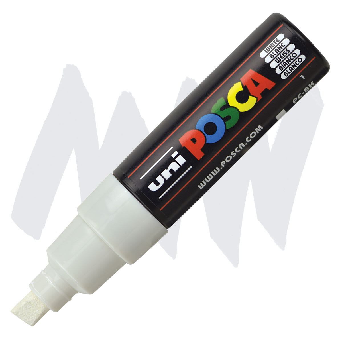 Uni Posca Paint Marker - White, Broad Chisel, 8 mm marker and swatch Uni Posca Paint Marker - White, Broad Chisel, 8 mm marker and swatch