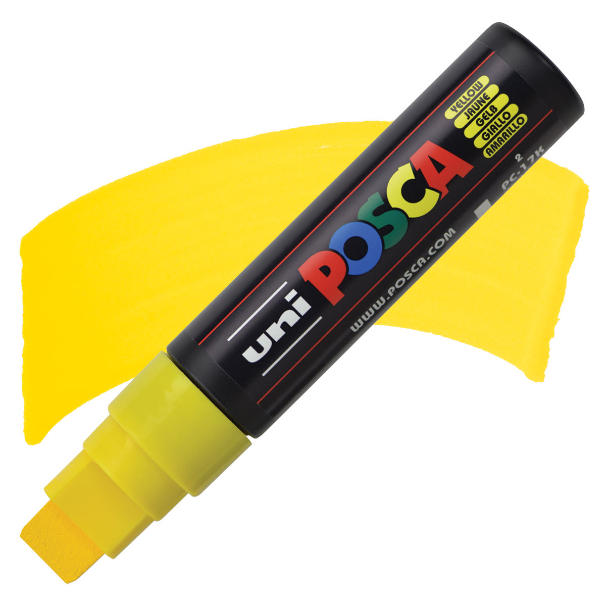 Uni Posca Paint Marker - Yellow, Extra Broad Chisel Tip, 15 mm marker and swatch