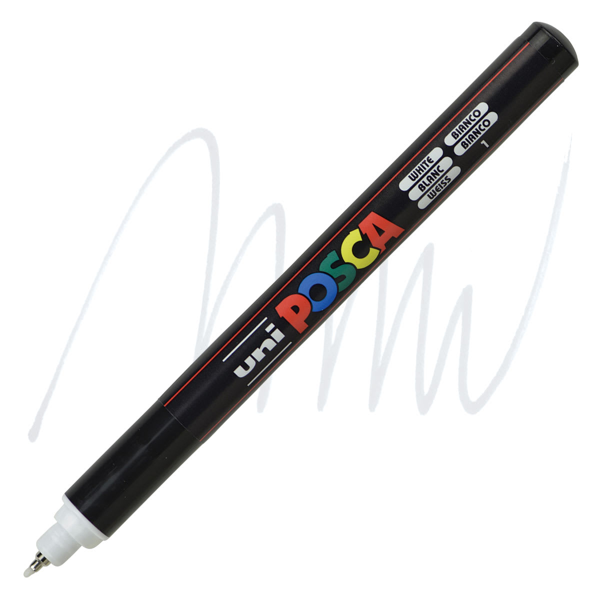 Uni Posca Paint Marker - White, X-Fine Tip, 0.7 mm marker and swatch