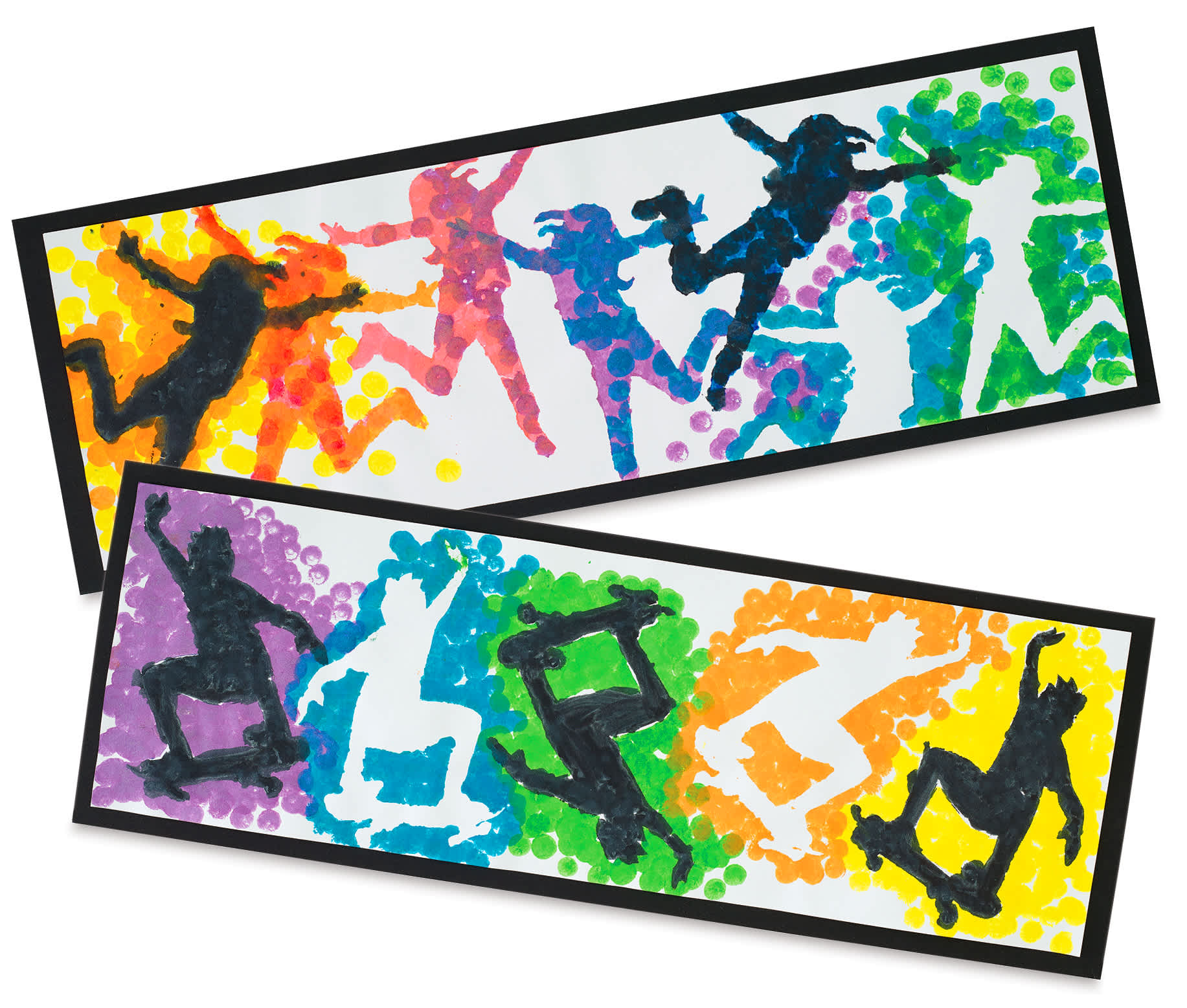 In the genre of Street Art, "Stencil Graffiti" allows an artist to pre-design a piece and then rapidly create multiple prints that suggest movement. Students learn how to design and cut a basic stencil, then use felt-tip "daubers" to quickly fill them in.