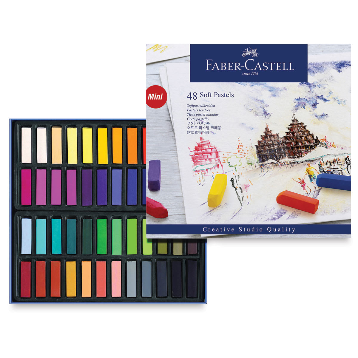 Faber-Castell Goldfaber Studio Soft Pastels - Assorted Colors, Set of 48 (set contents and front of packaging) Faber-Castell Goldfaber Studio Soft Pastels - Assorted Colors, Set of 48 (set contents and front of packaging)