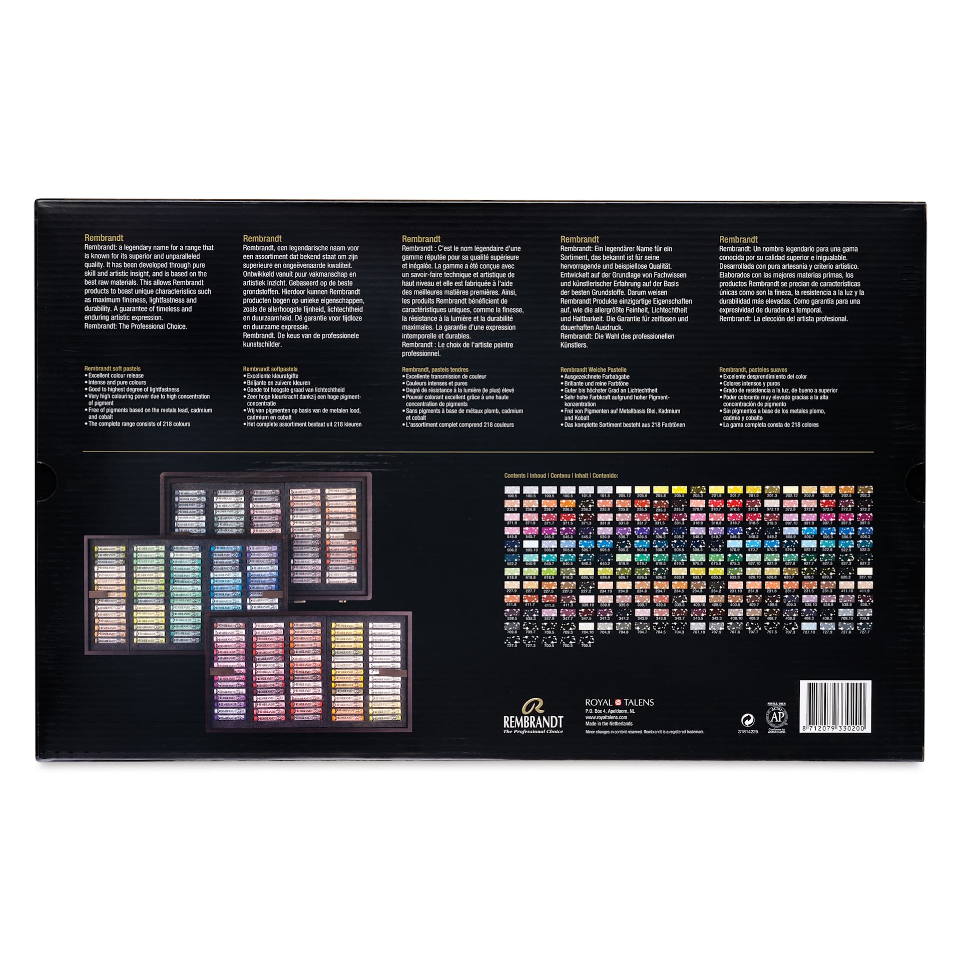 Rembrandt Soft Pastel Set - Set of 220, Assorted Colors, Wood Box, back of packaging