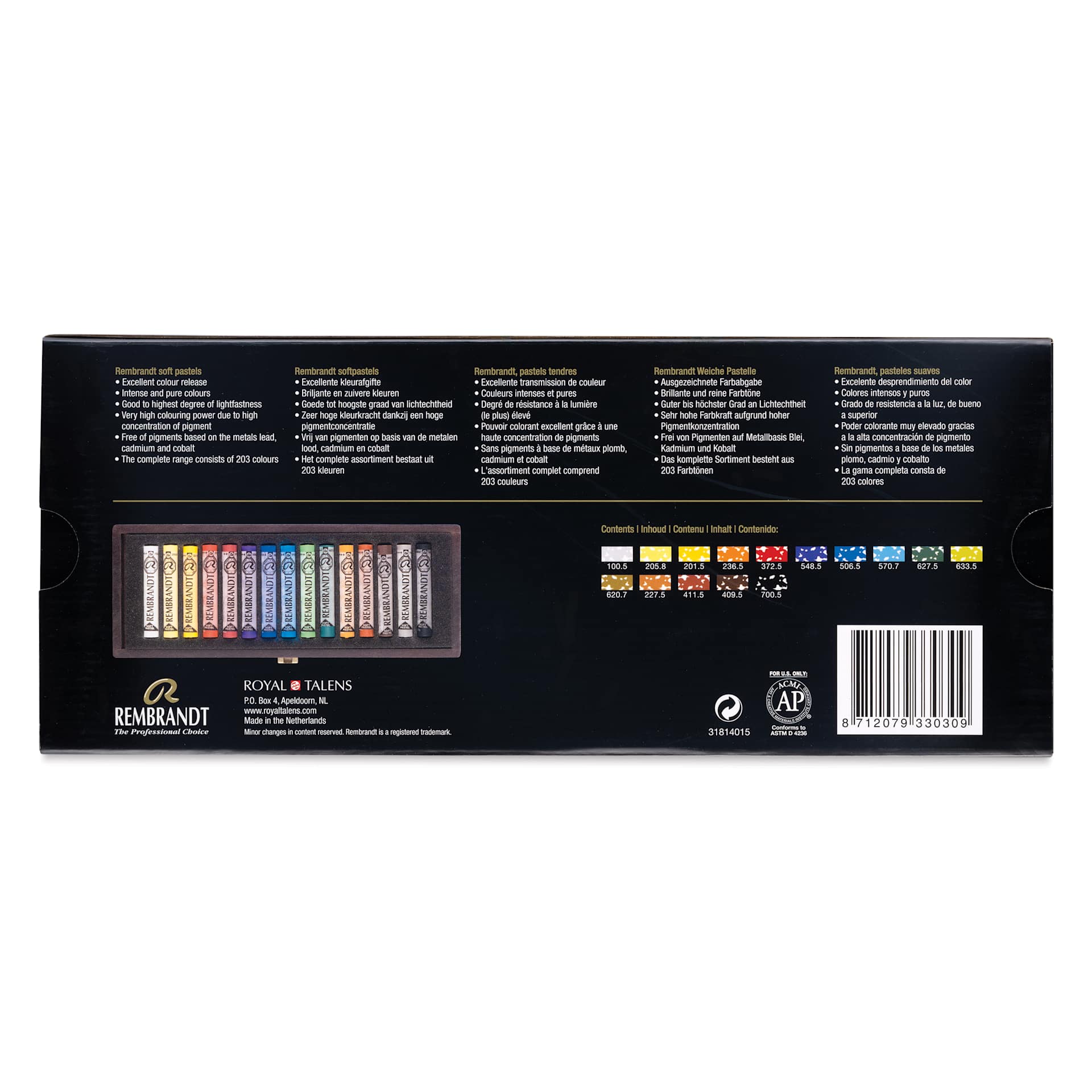 Rembrandt Soft Pastel Set - Set of 15, Assorted Colors, Wood Box, back of packaging Rembrandt Soft Pastel Set - Set of 15, Assorted Colors, Wood Box, back of packaging