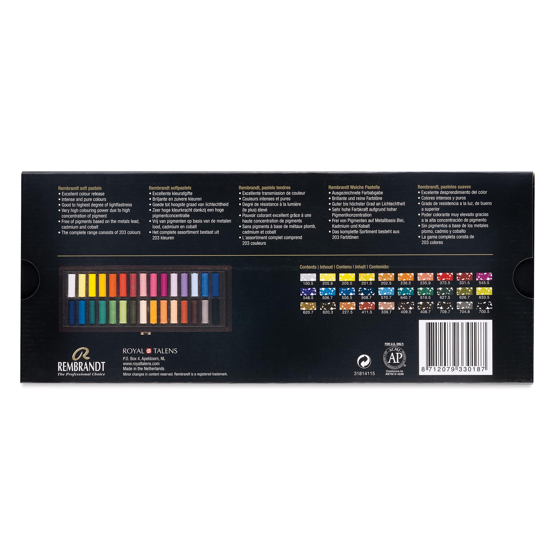 Rembrandt Soft Pastel Set - Assorted Colors, Half Sticks, Wood Box, Set of 30, back of packaging