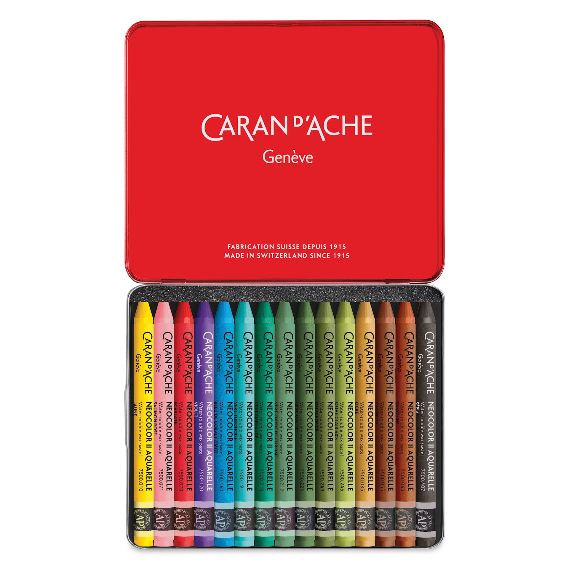 Caran d'Ache Neocolor II Aquarelle Artists' Pastels - Blick Exclusive! Set of 15, Botanical and Earth Tones, open packaging showing contents