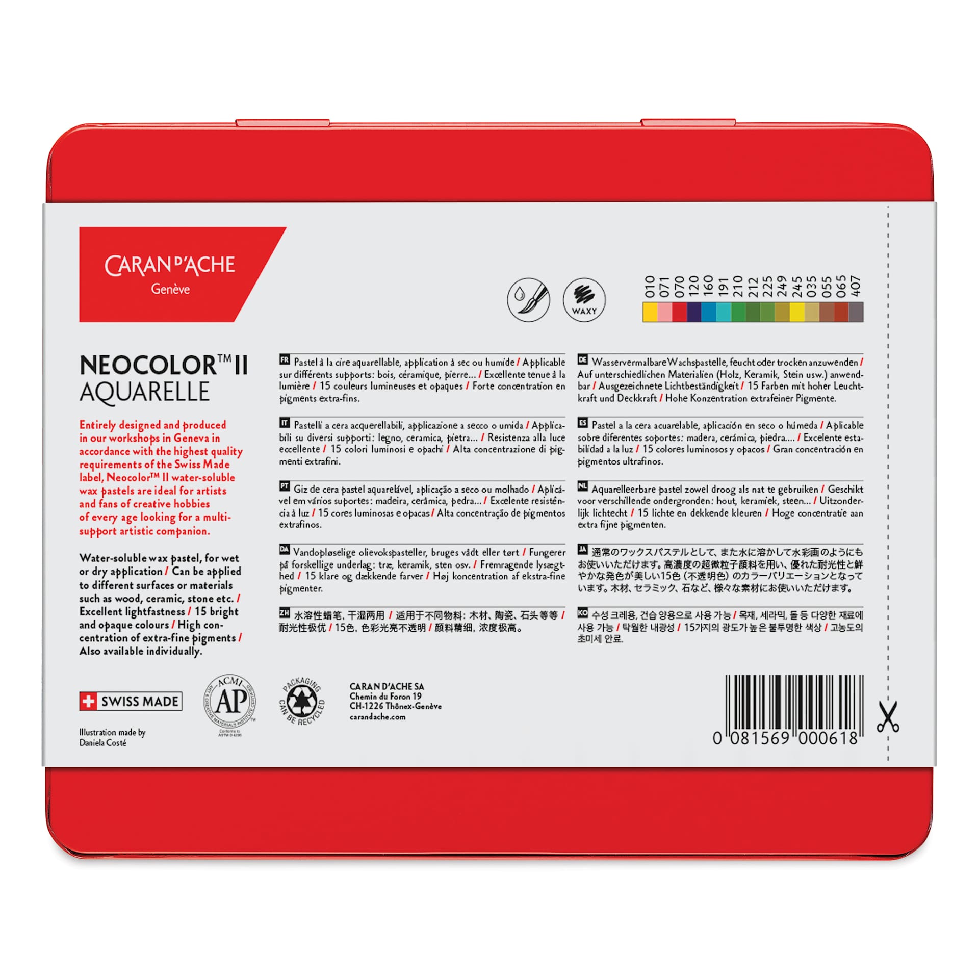 Caran d'Ache Neocolor II Aquarelle Artists' Pastels - Blick Exclusive! Set of 15, Botanical and Earth Tones, back of packaging