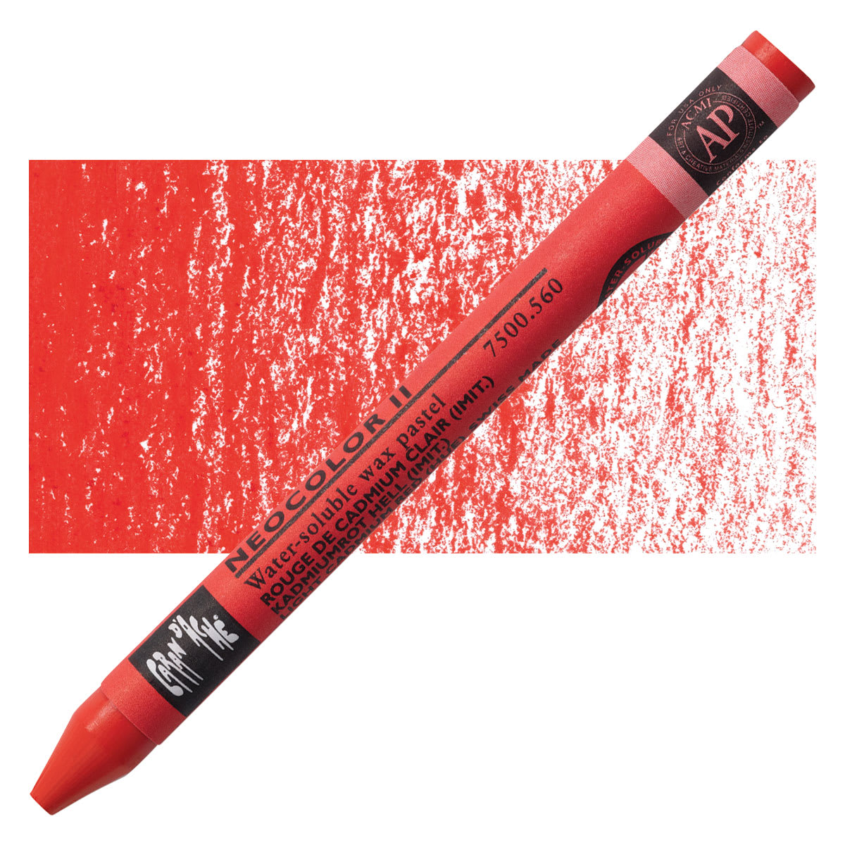 Caran d'Ache Neocolor II Aquarelle Artists' Pastel - Light Cadmium Red Hue pastel and swatch Caran d'Ache Neocolor II Aquarelle Artists' Pastel - Light Cadmium Red Hue pastel and swatch