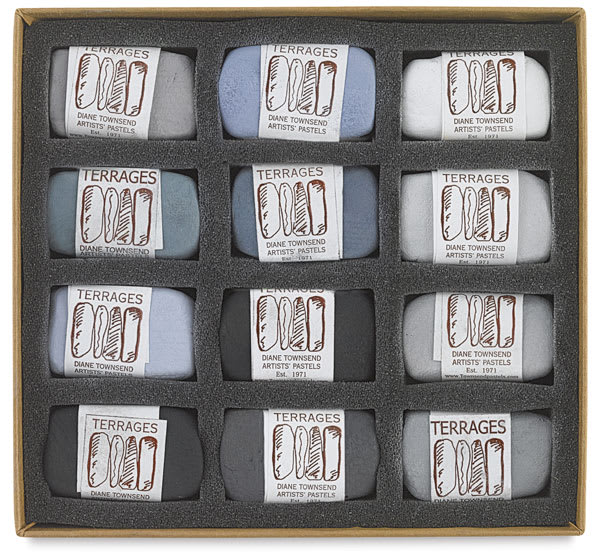 Townsend Terrages Pastel Set of 12 Gray Colors shown in cushioned open box