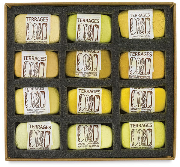 Townsend Terrages Pastel Set of 12 Yellow Colors shown in cushioned open box