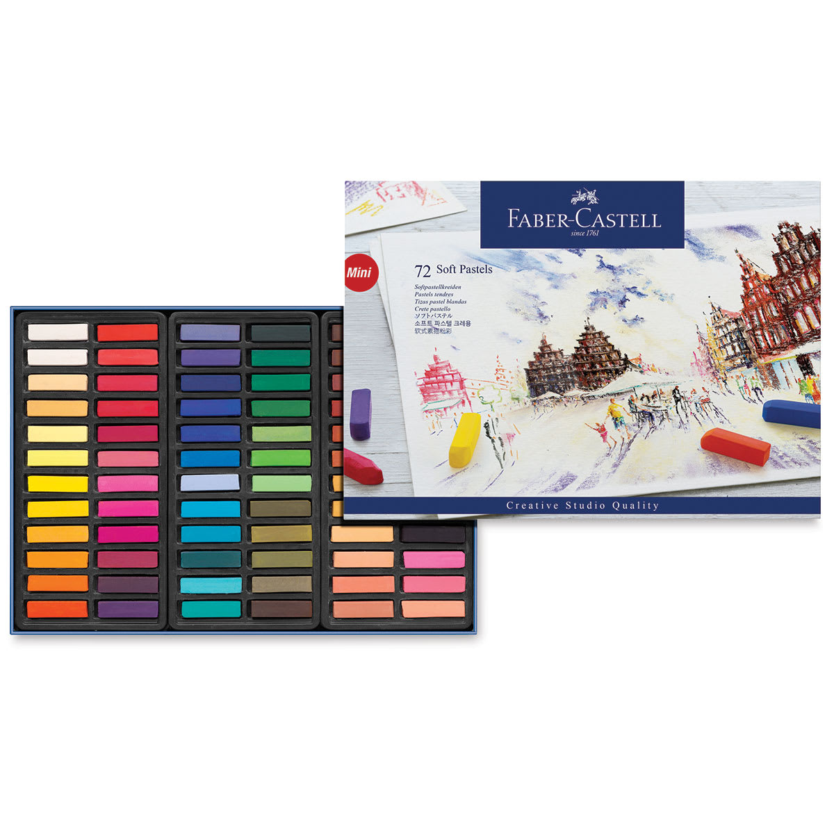 Faber-Castell Goldfaber Studio Soft Pastels - Assorted Colors, Set of 72 (set contents and front of packaging) Faber-Castell Goldfaber Studio Soft Pastels - Assorted Colors, Set of 72 (set contents and front of packaging)