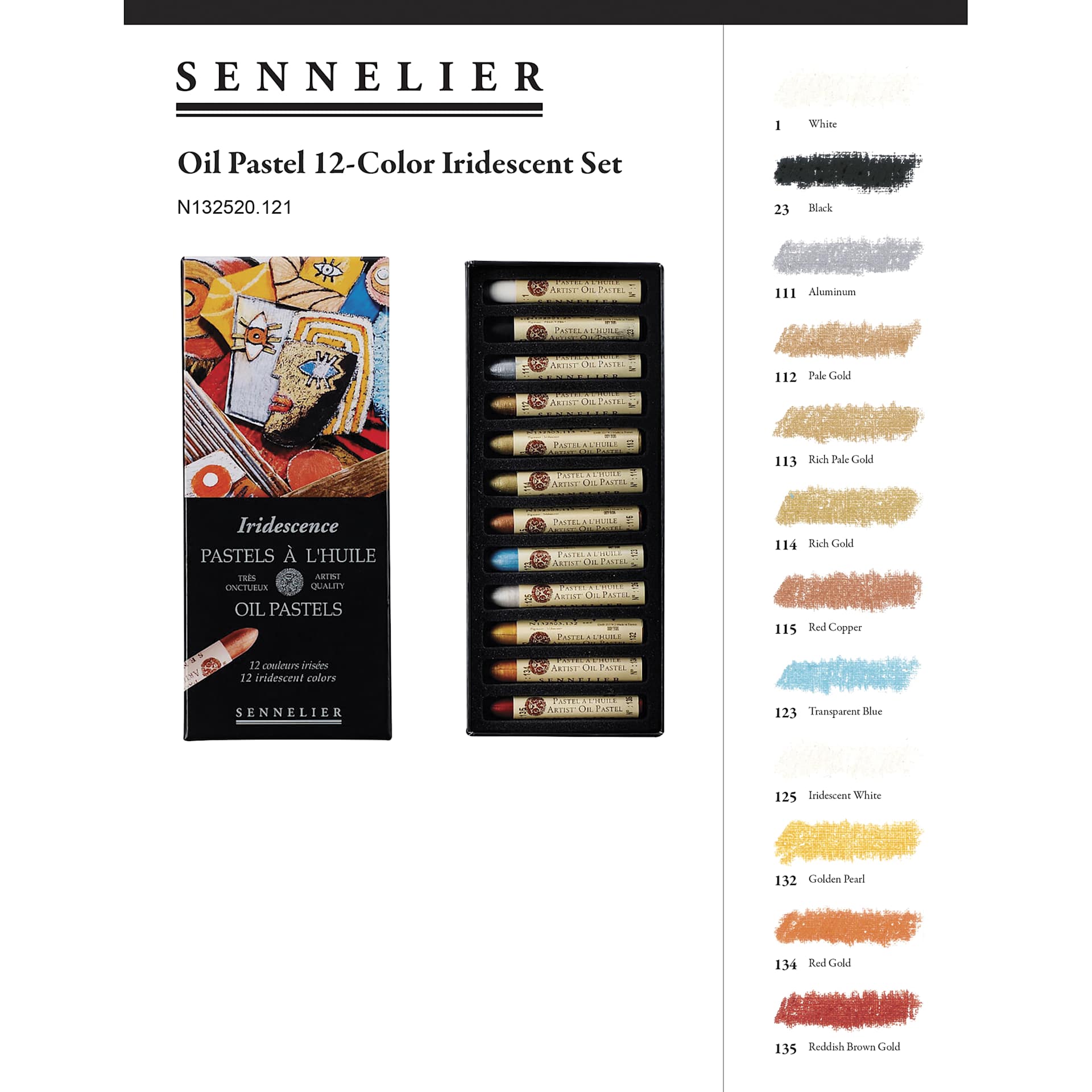 Sennelier Oil Pastel Set - Iridescent Colors, Set of 12 - packaging, contents, and color chart