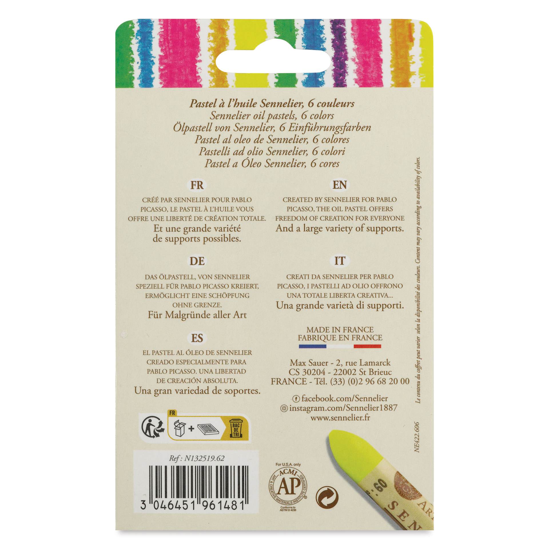 Sennelier Oil Pastels - Fluorescent Colors, Set of 6, back of the packaging