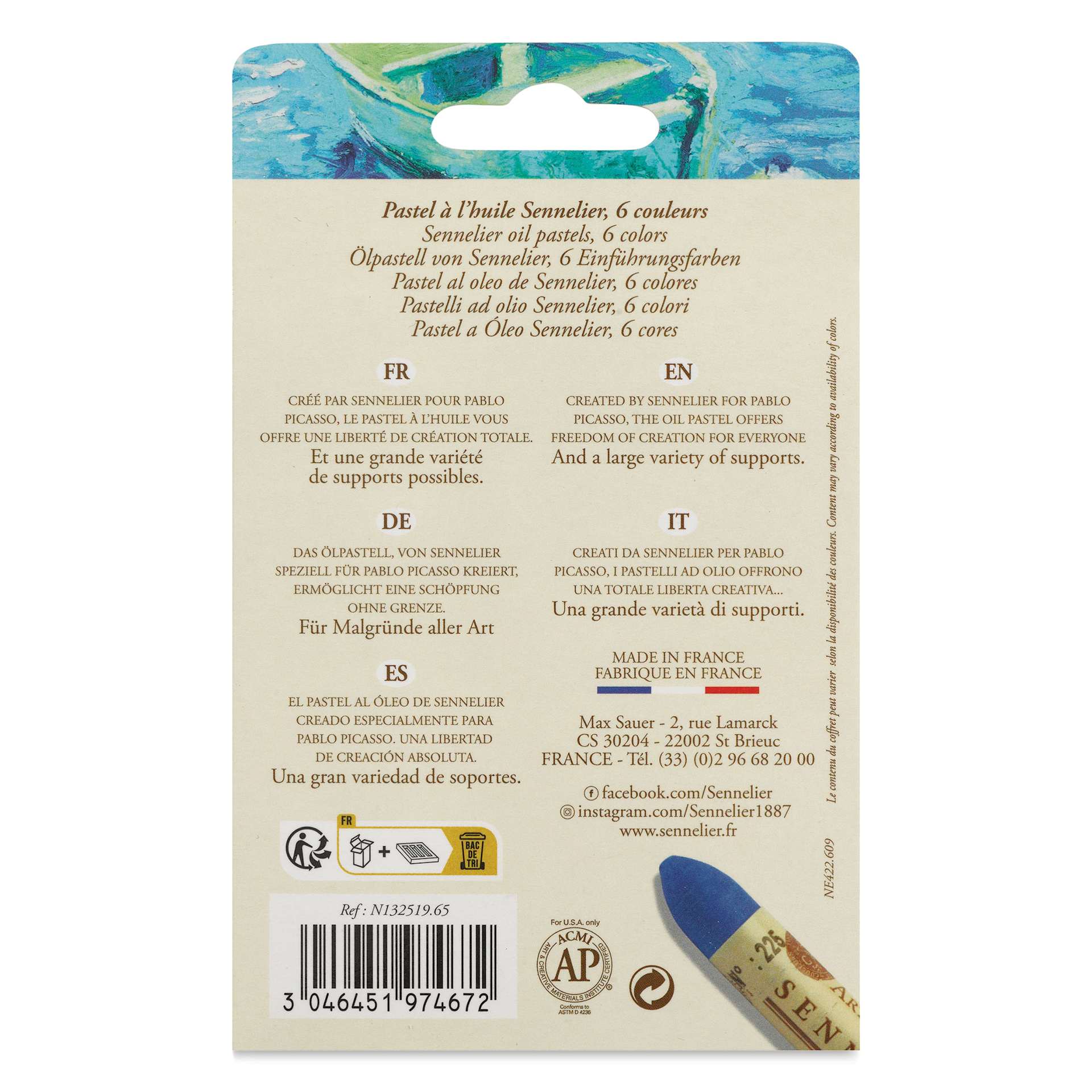 Sennelier Oil Pastels - Seascape, Set of 6, back of the packgaing