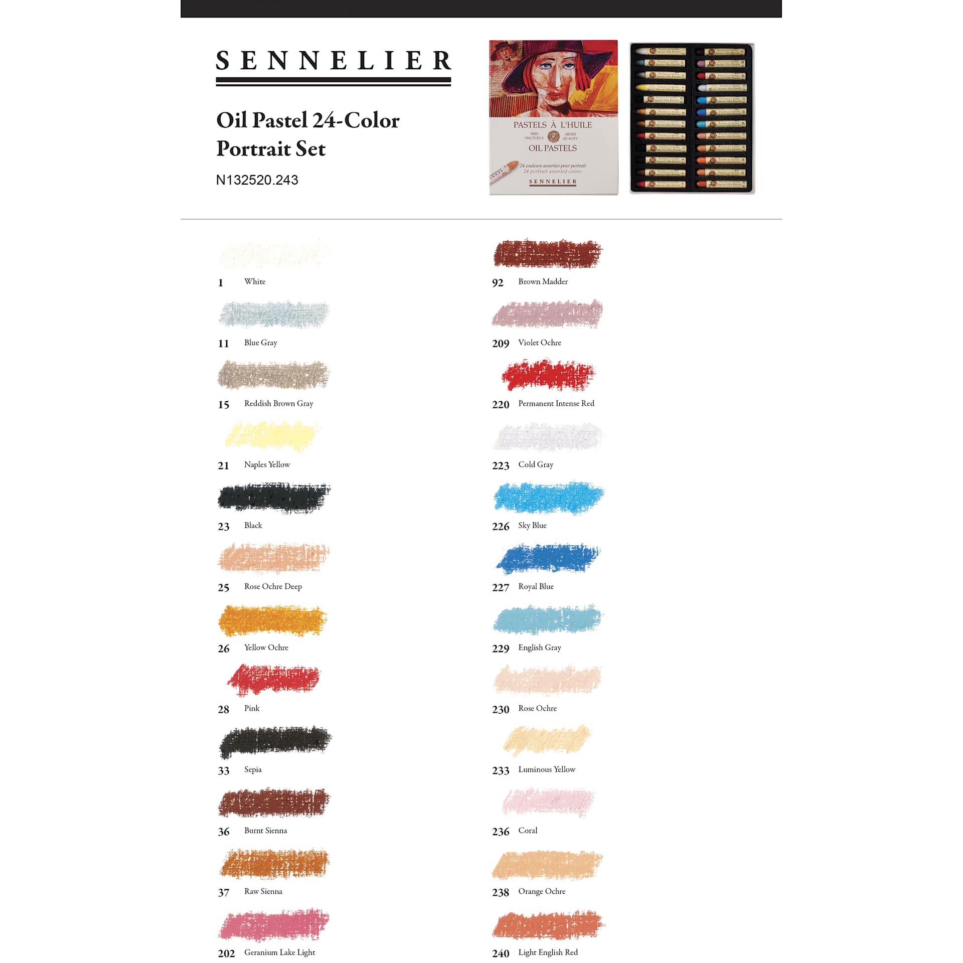 Sennelier Oil Pastel Set - Portrait Colors, Set of 24 - color chart