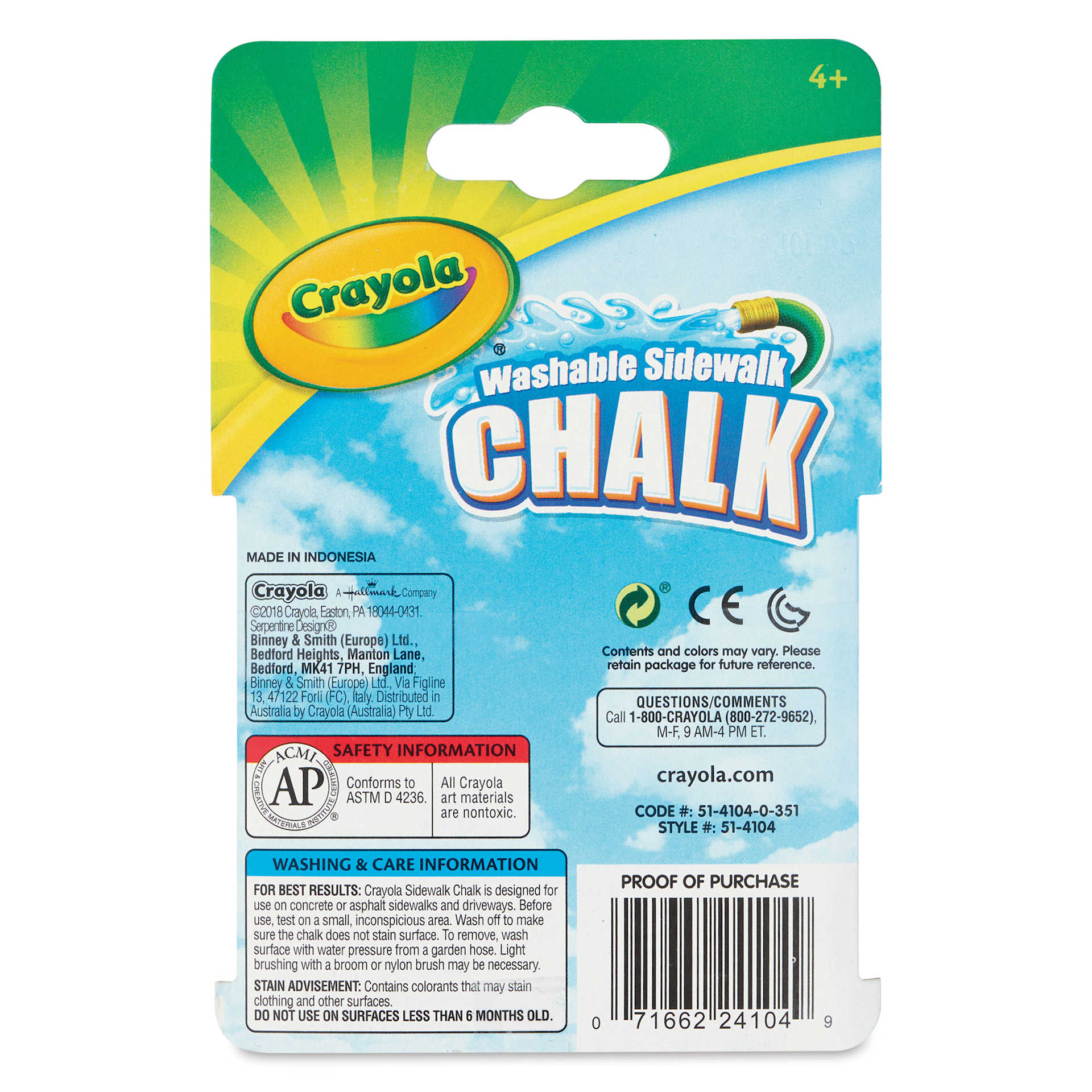 Crayola Washable Sidewalk Chalk - Assorted Colors, Set of 4 back of packaging