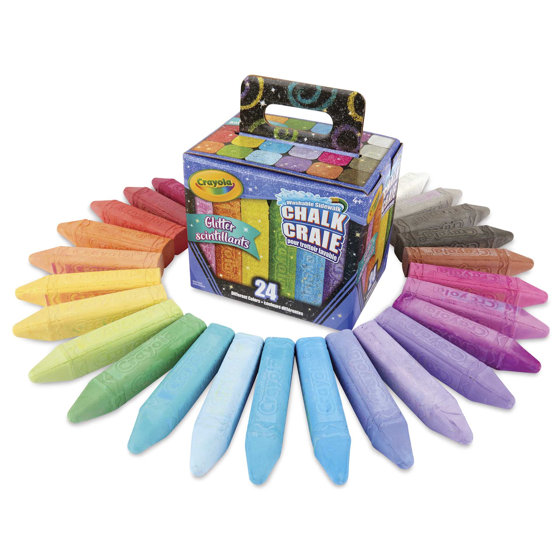 Crayola Washable Sidewalk Chalk - Glitter Colors, Set of 24, chalk laid around the box