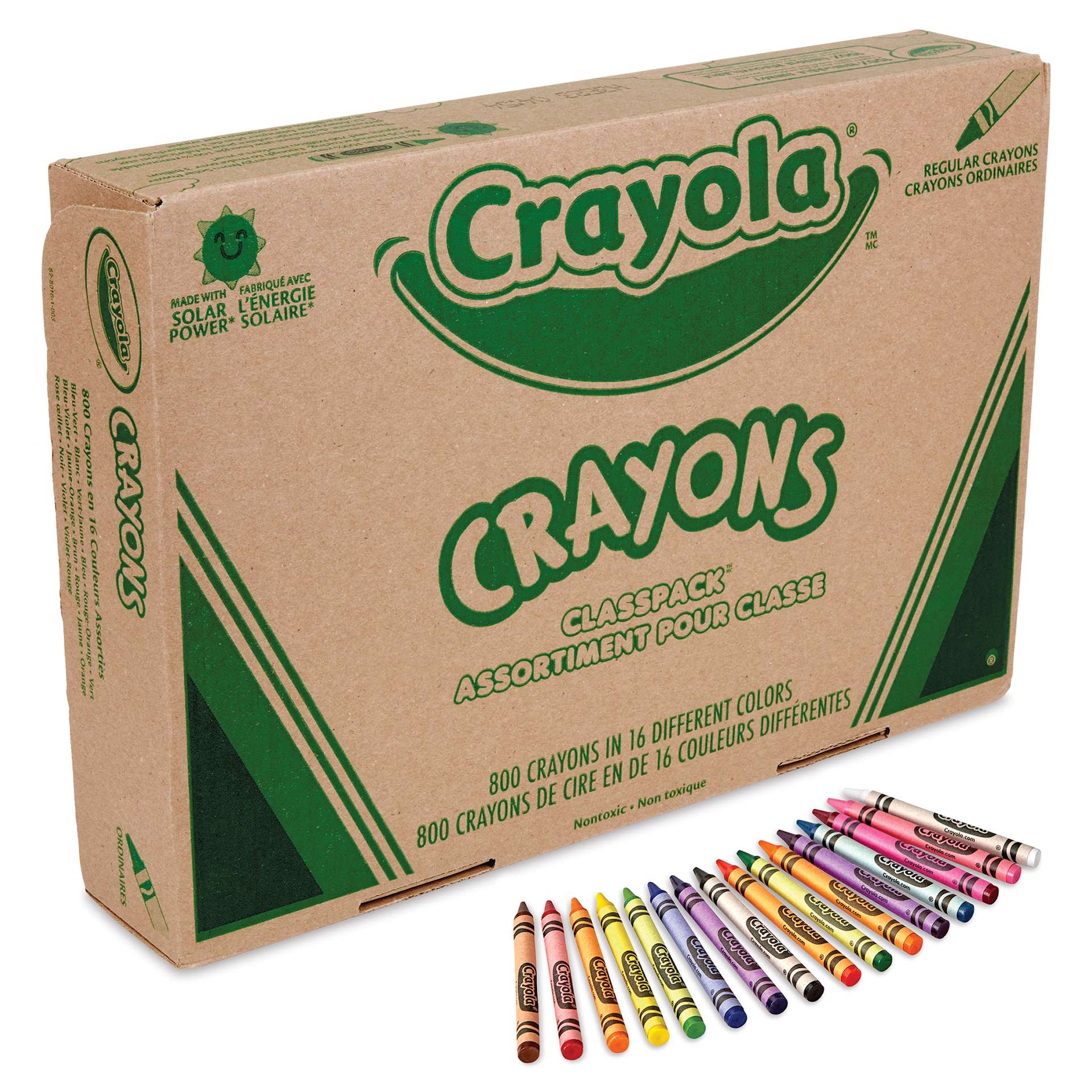 Crayola Crayons - Classpack, Pkg of 800, 16 Colors, front of the box with crayons laid out