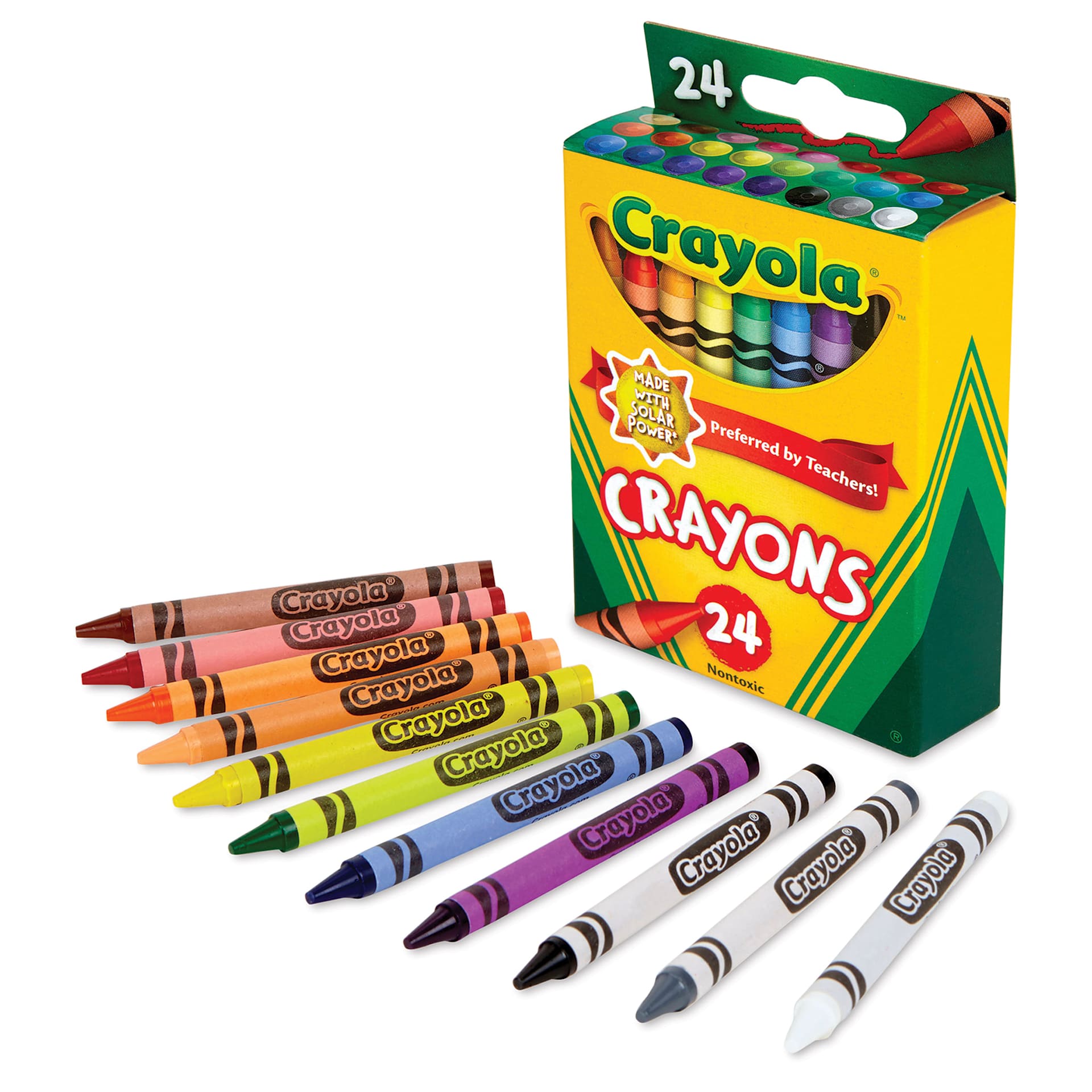 Crayola Crayons - Set of 24, crayon fanned out in front of packaging Crayola Crayons - Set of 24, crayon fanned out in front of packaging