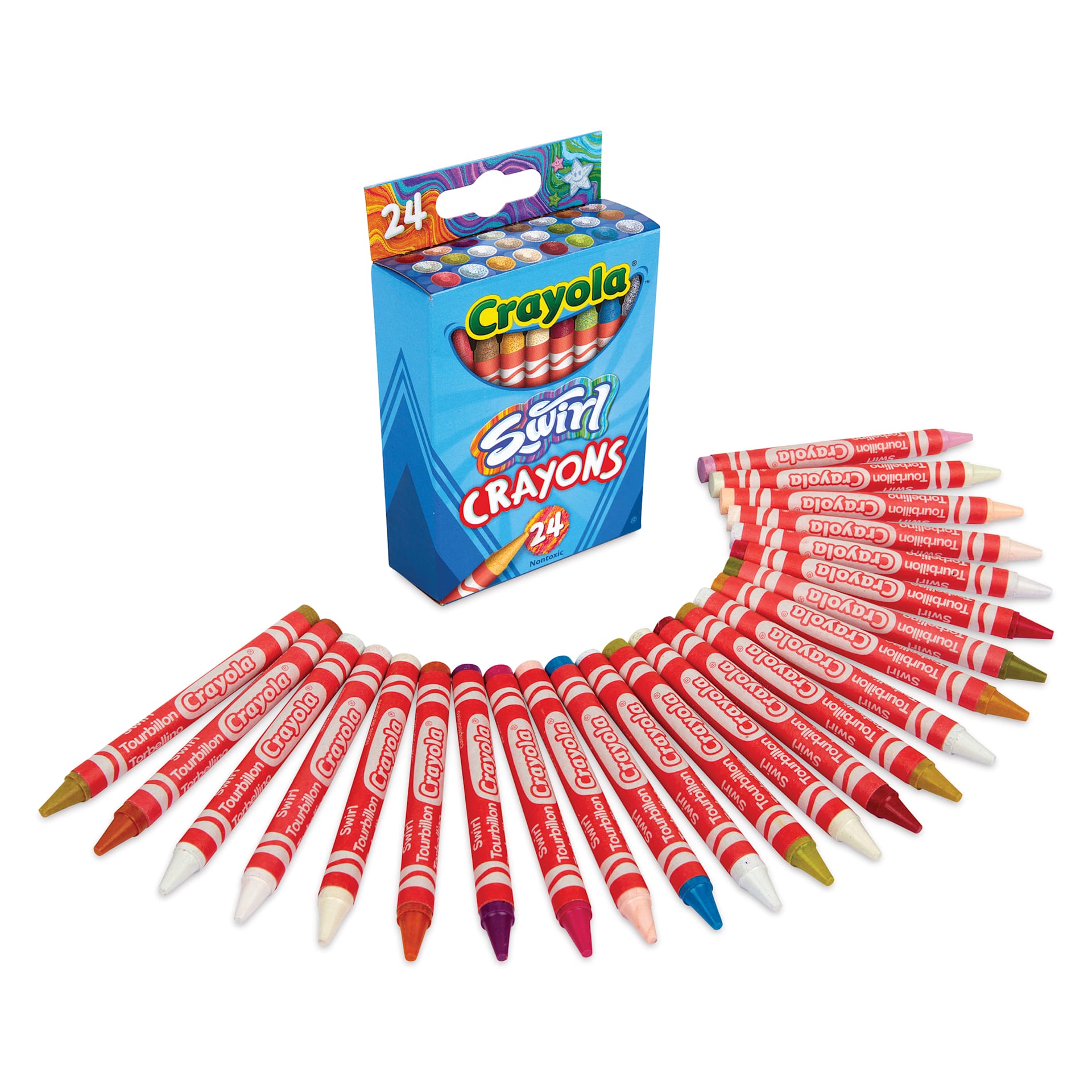 Crayola Swirl Crayons - Set of 24, crayons spread out in front of pack