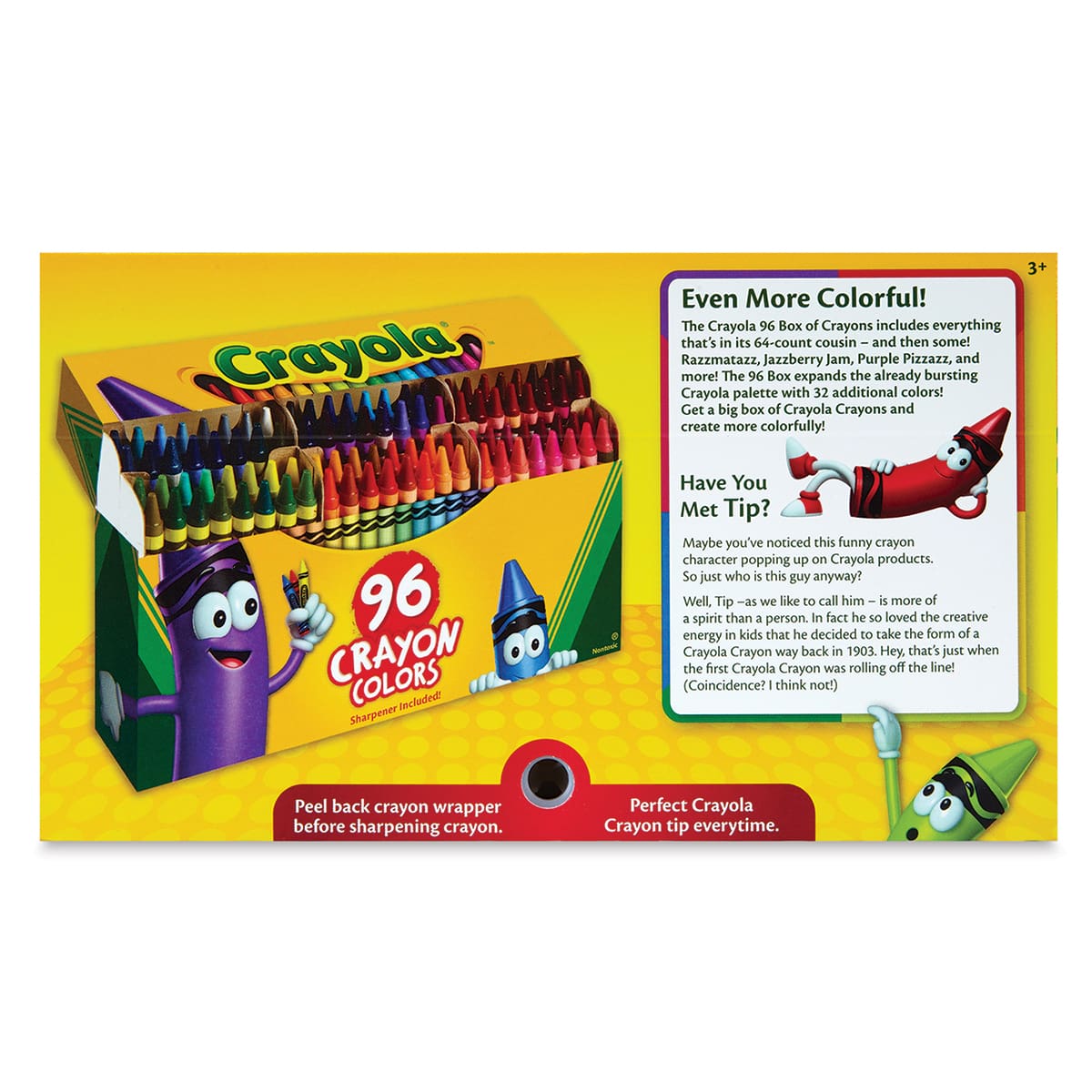 Crayola Crayons - Set of 96, back of package with built-in crayon sharpener