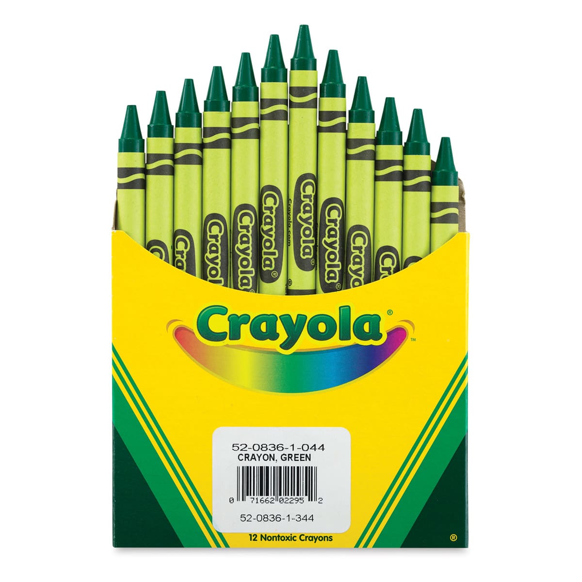 Crayola Crayons - Green, Box of 12, crayons being pulled out of package Crayola Crayons - Green, Box of 12, crayons being pulled out of package