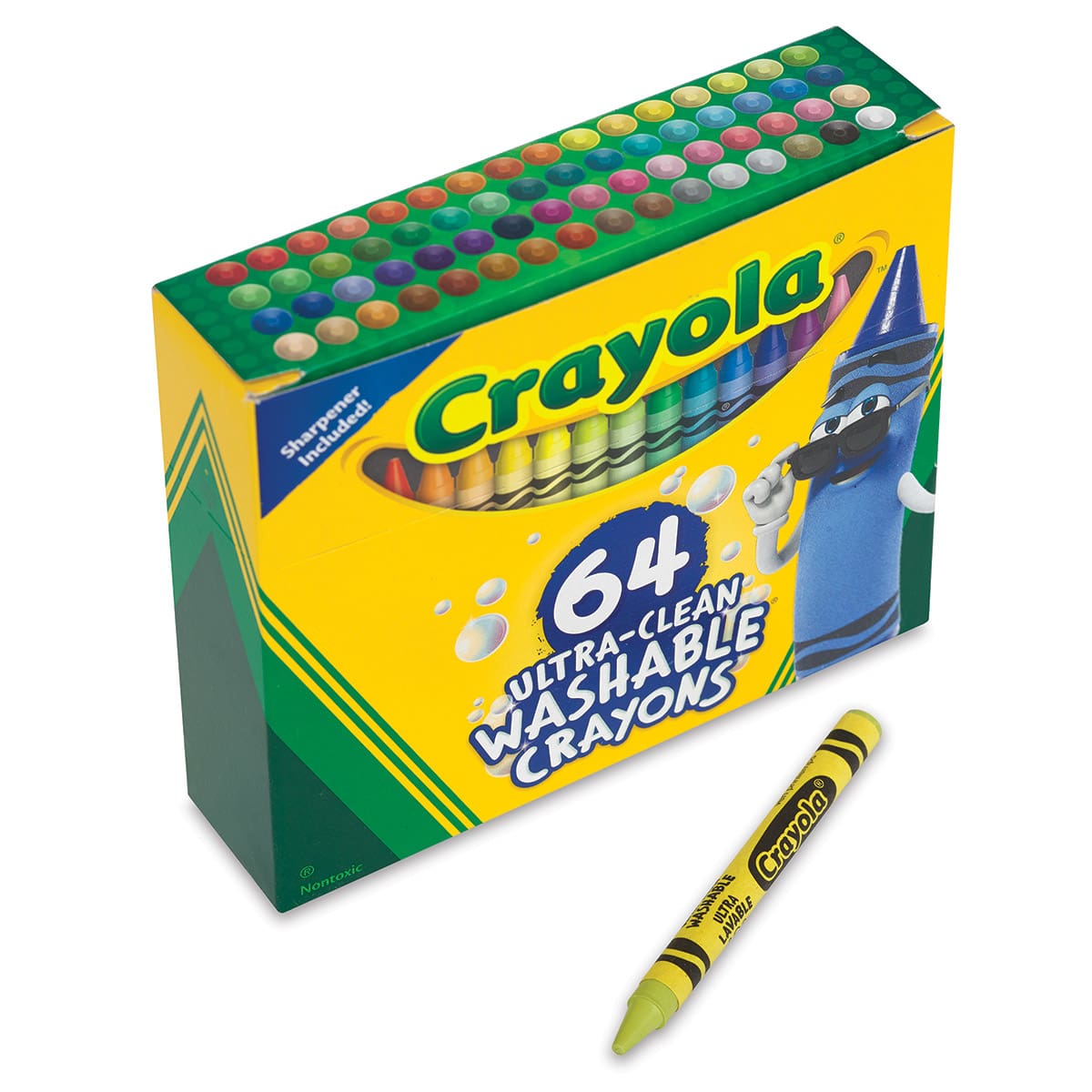 Crayola Ultra-Clean Washable Crayons - Angled package of 64 Regular size Crayons with one removed