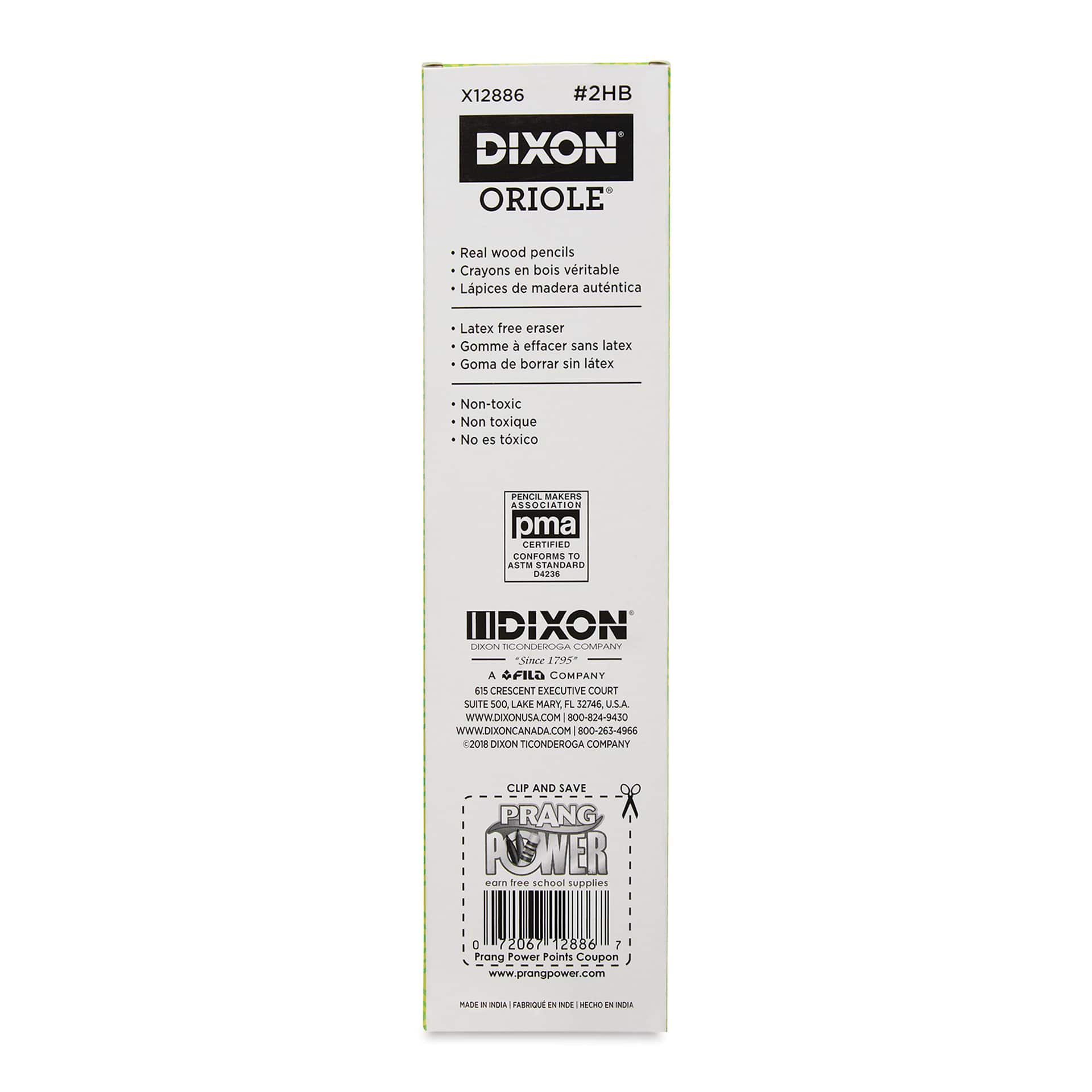 Dixon Oriole No. 2 Pencils - HB, Pkg of 12, back of the packaging