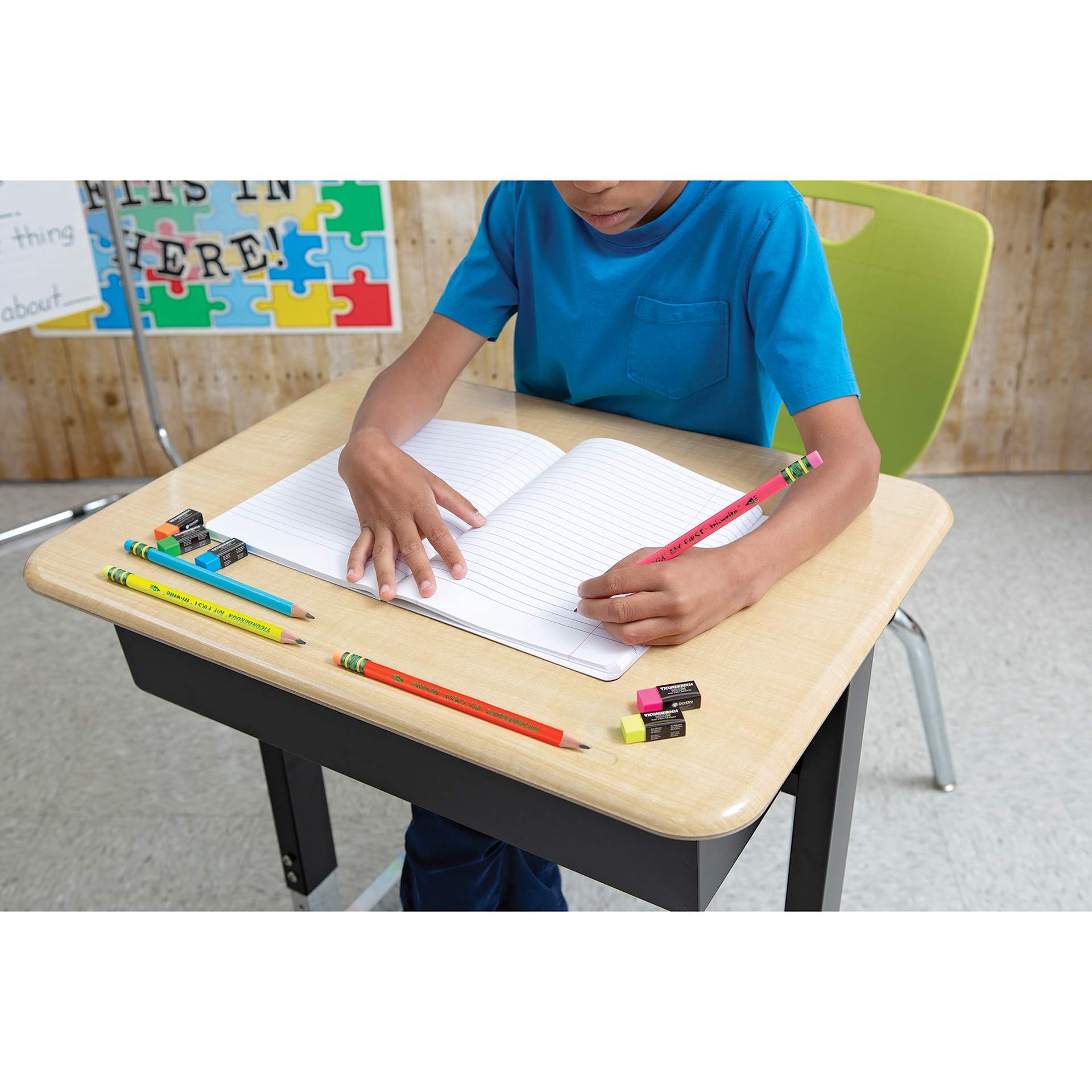 Dixon Ticonderoga My First Tri-Write Neon Pencils Set, child at desk using neon pencil