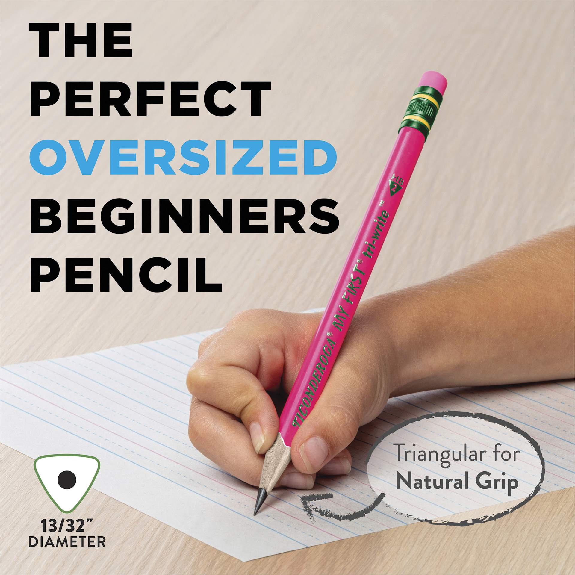 Dixon Ticonderoga My First Tri-Write Neon Pencil in hand demonstrating actual size