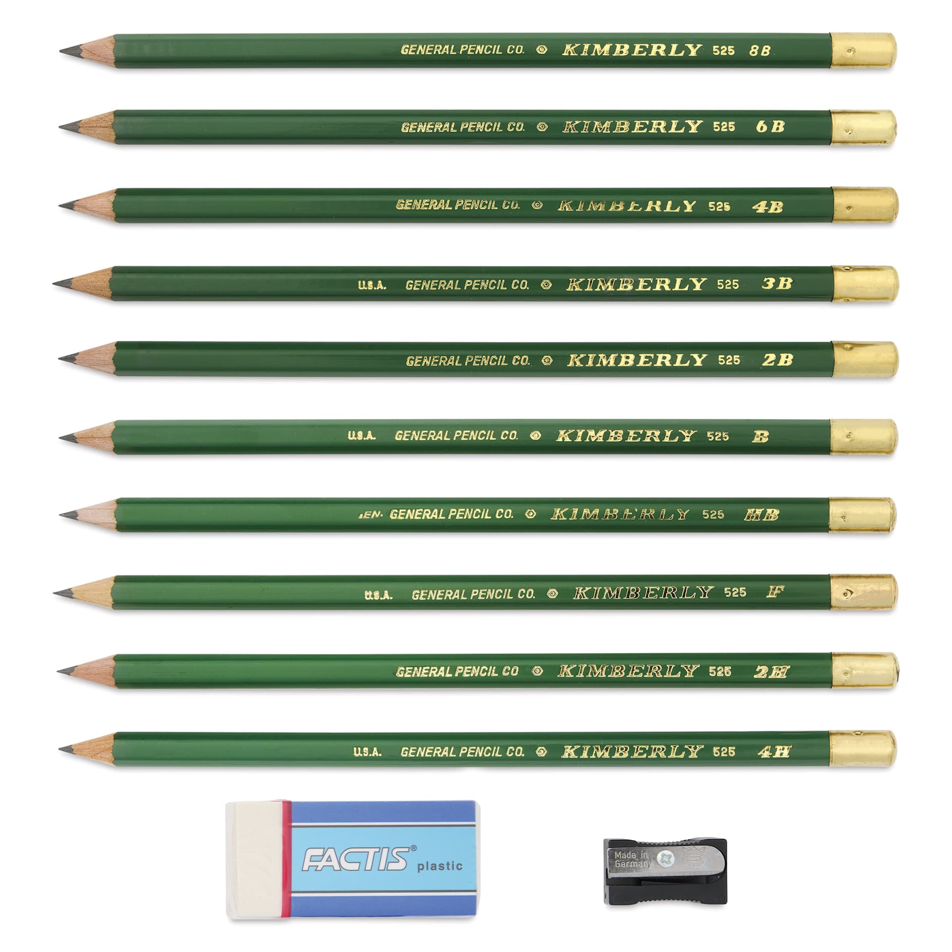 General's Kimberly Graphite Pencils Set - Drawing Pencil Kit, Pkg of 10, contents laid out General's Kimberly Graphite Pencils Set - Drawing Pencil Kit, Pkg of 10, contents laid out