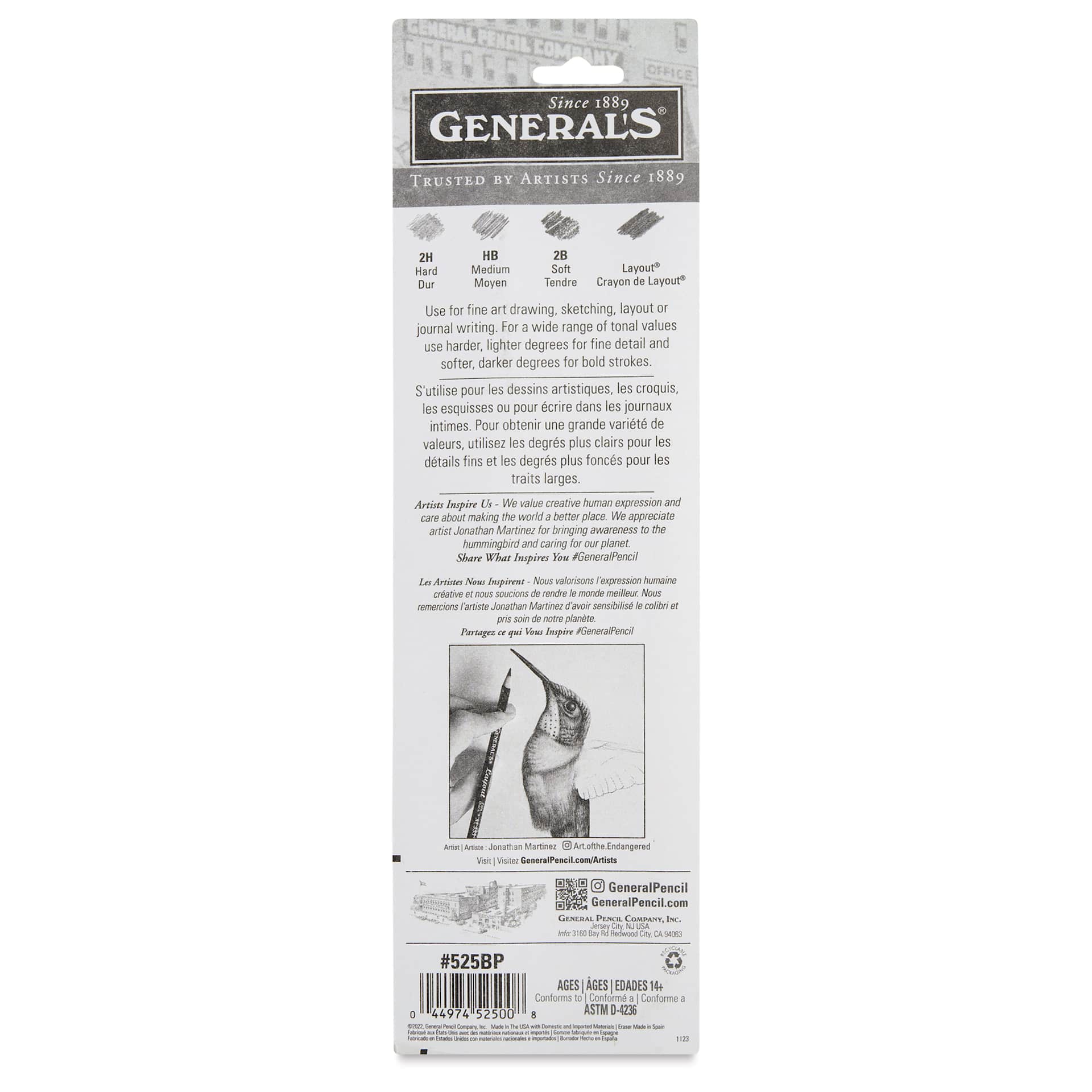 General's Kimberly Graphite Pencils Set - Art Pencil Kit, Pkg of 5, back of pack