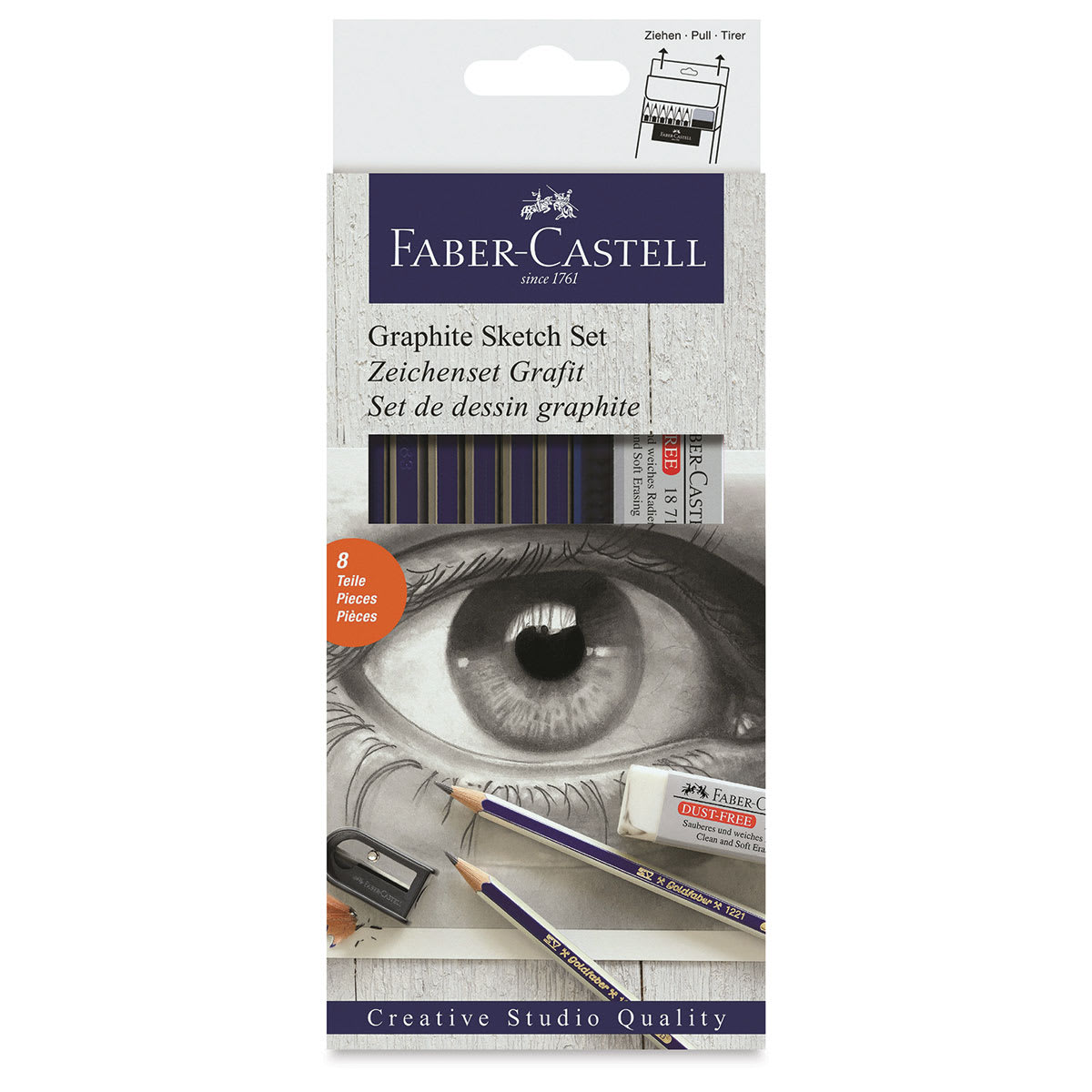 Faber-Castell Goldfaber Sketching Pencils, Set of 8. Front of package. Faber-Castell Goldfaber Sketching Pencils, Set of 8. Front of package.