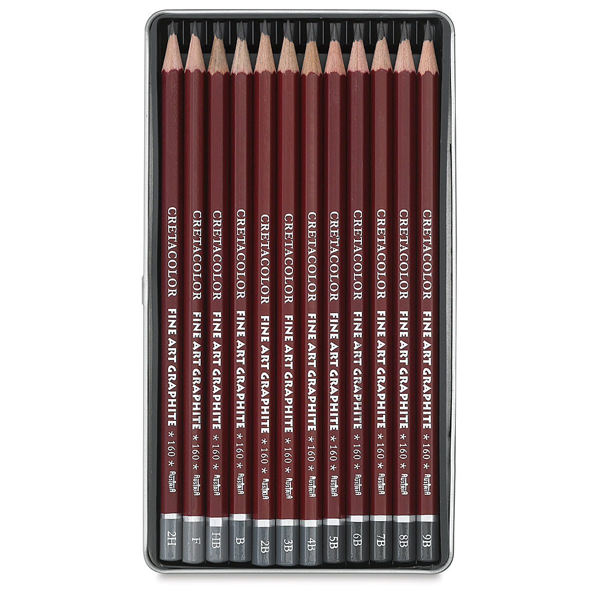 Cretacolor Fine Art Graphite Pencils Set - Set of 12 pencils shown in open tin Cretacolor Fine Art Graphite Pencils Set - Set of 12 pencils shown in open tin
