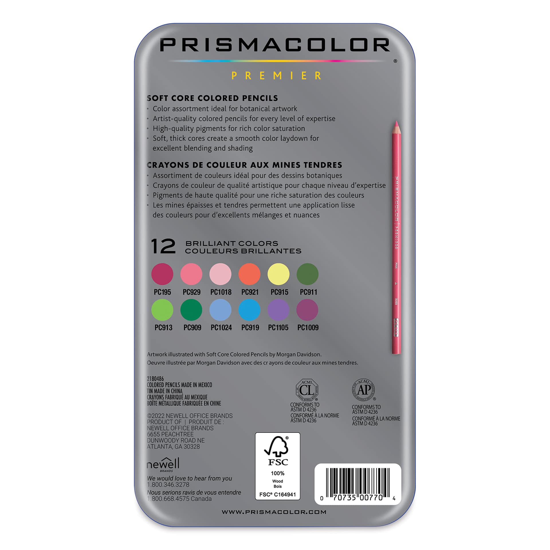 Prismacolor Premier Colored Pencils - Set of 12, Botanical Colors, back of the packaging
