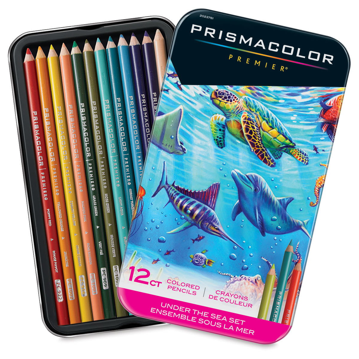 Prismacolor Premier Colored Pencils - Under the Sea Colors, Set of 12. Front and inner pencil tray. 