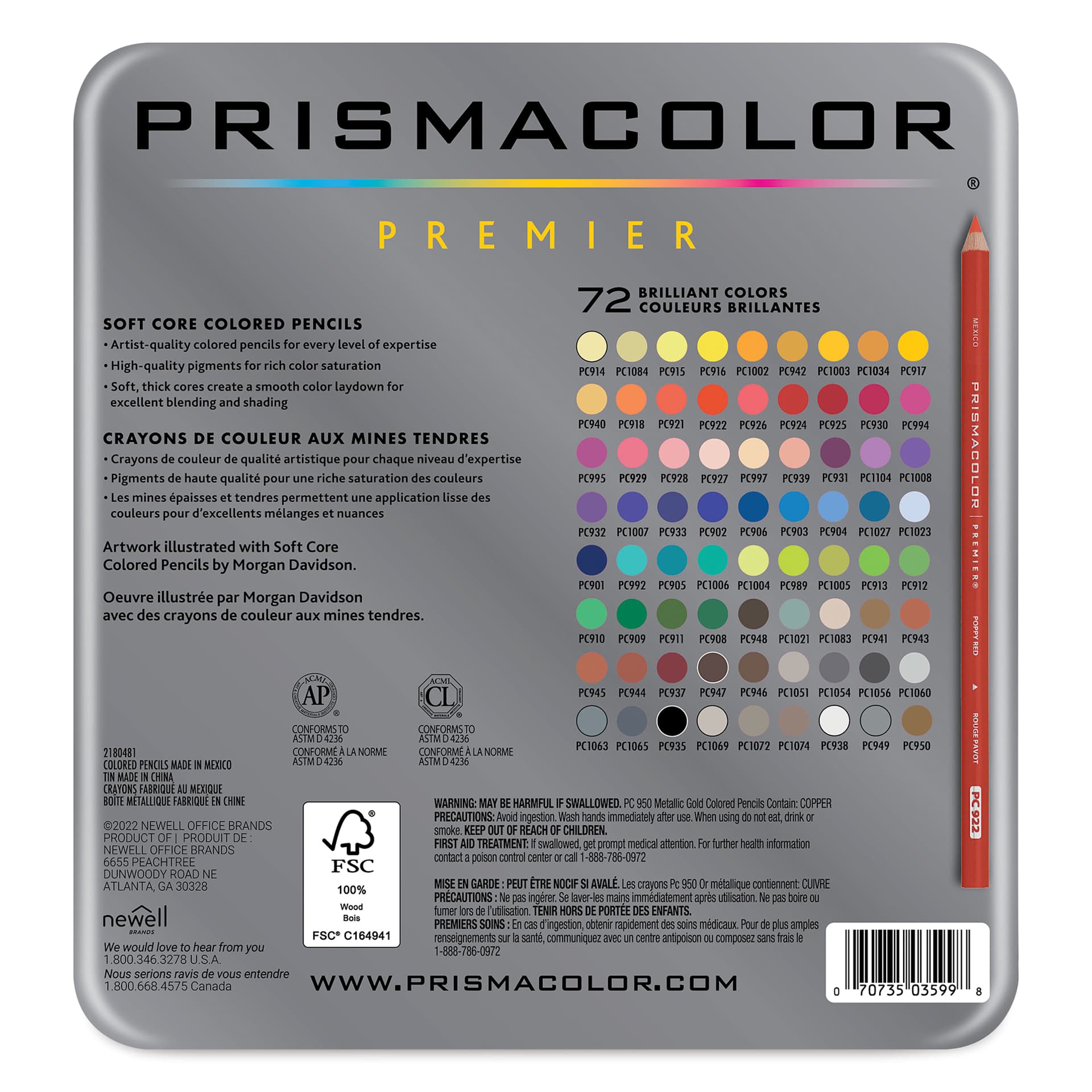 Prismacolor Premier Colored Pencils - Set of 72, Assorted Colors, back of the packaging