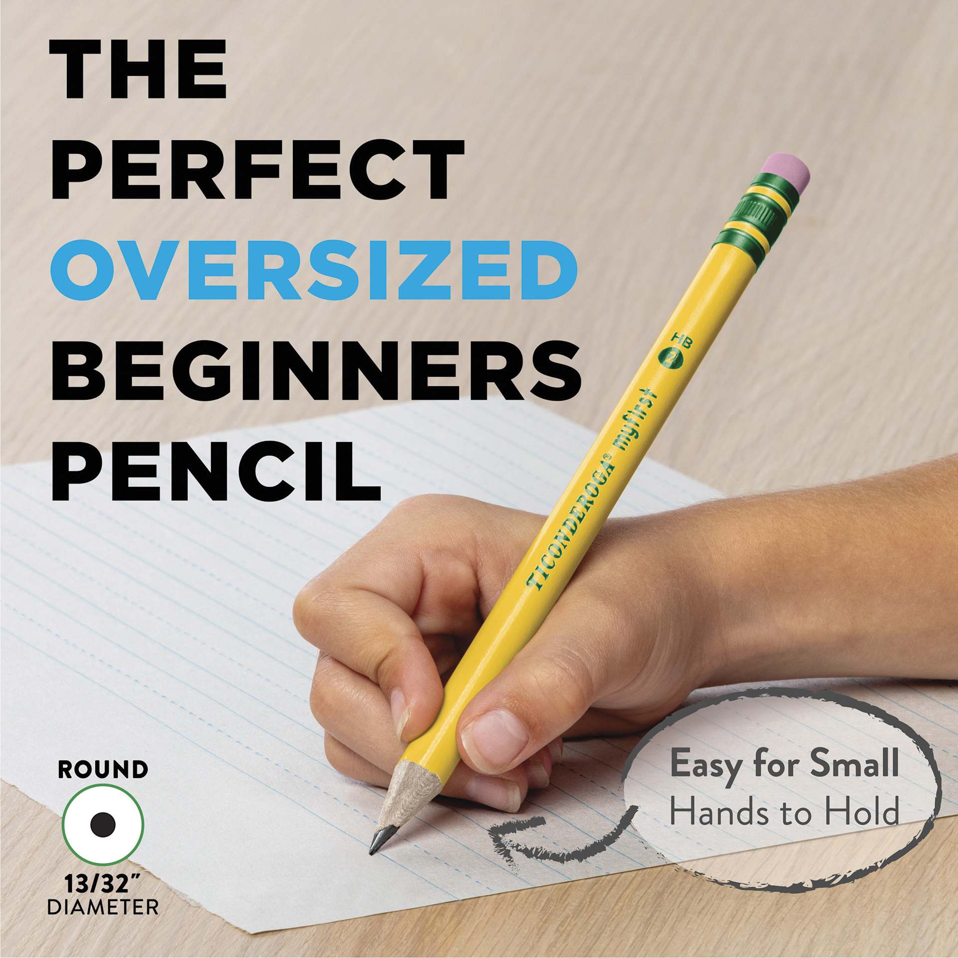Dixon Ticonderoga Beginner's Pencil - Box of 12, pencil in hand showing the actual size